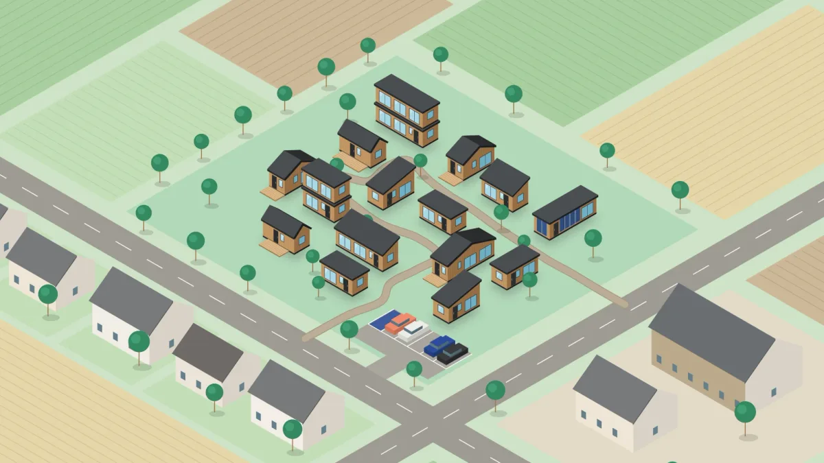 Illustration d'un petit village de modules Hoummi autour d'espaces partagés