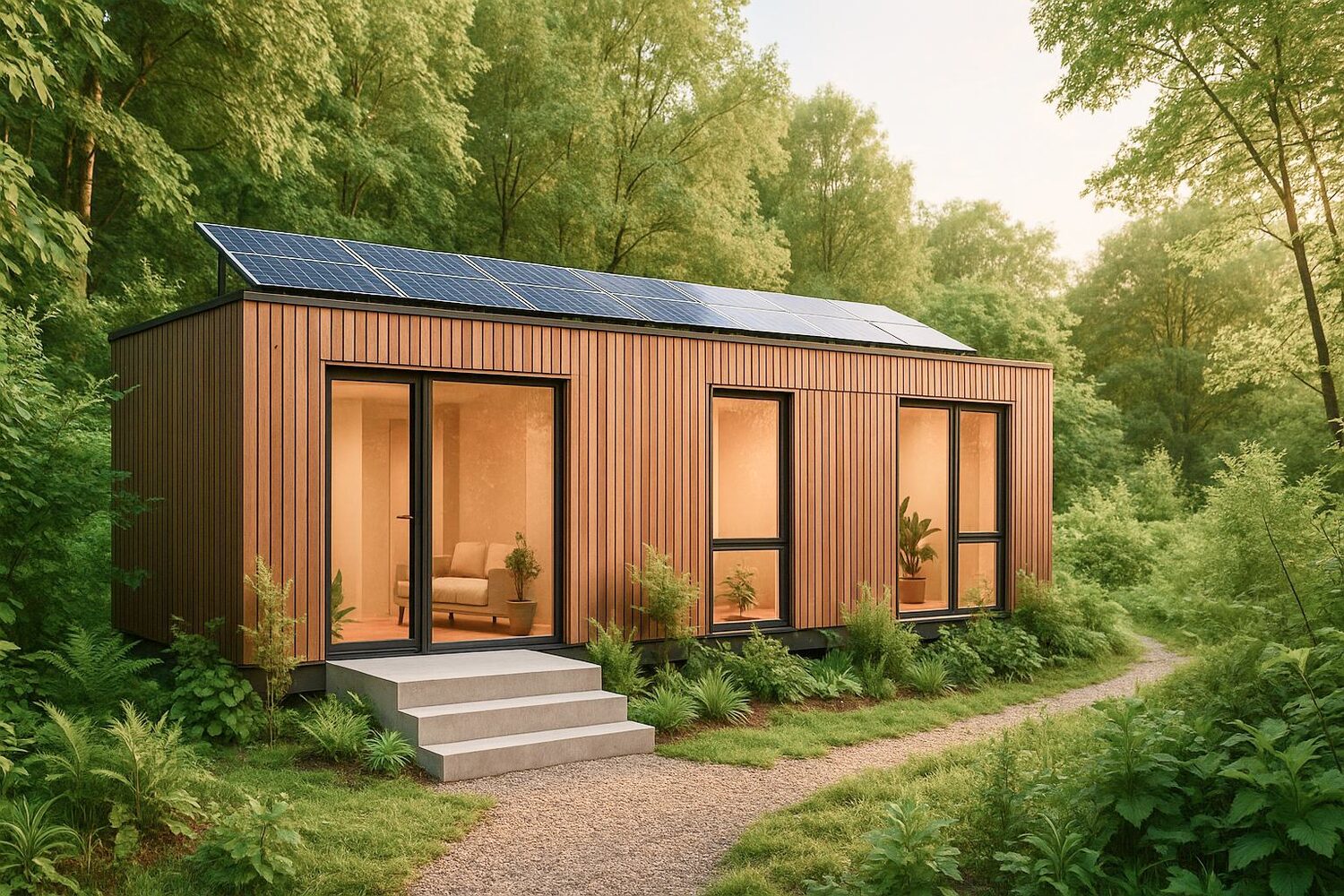 Pavillon Hoummi en bardage bois installé en lisière de forêt, au bord d'un chemin