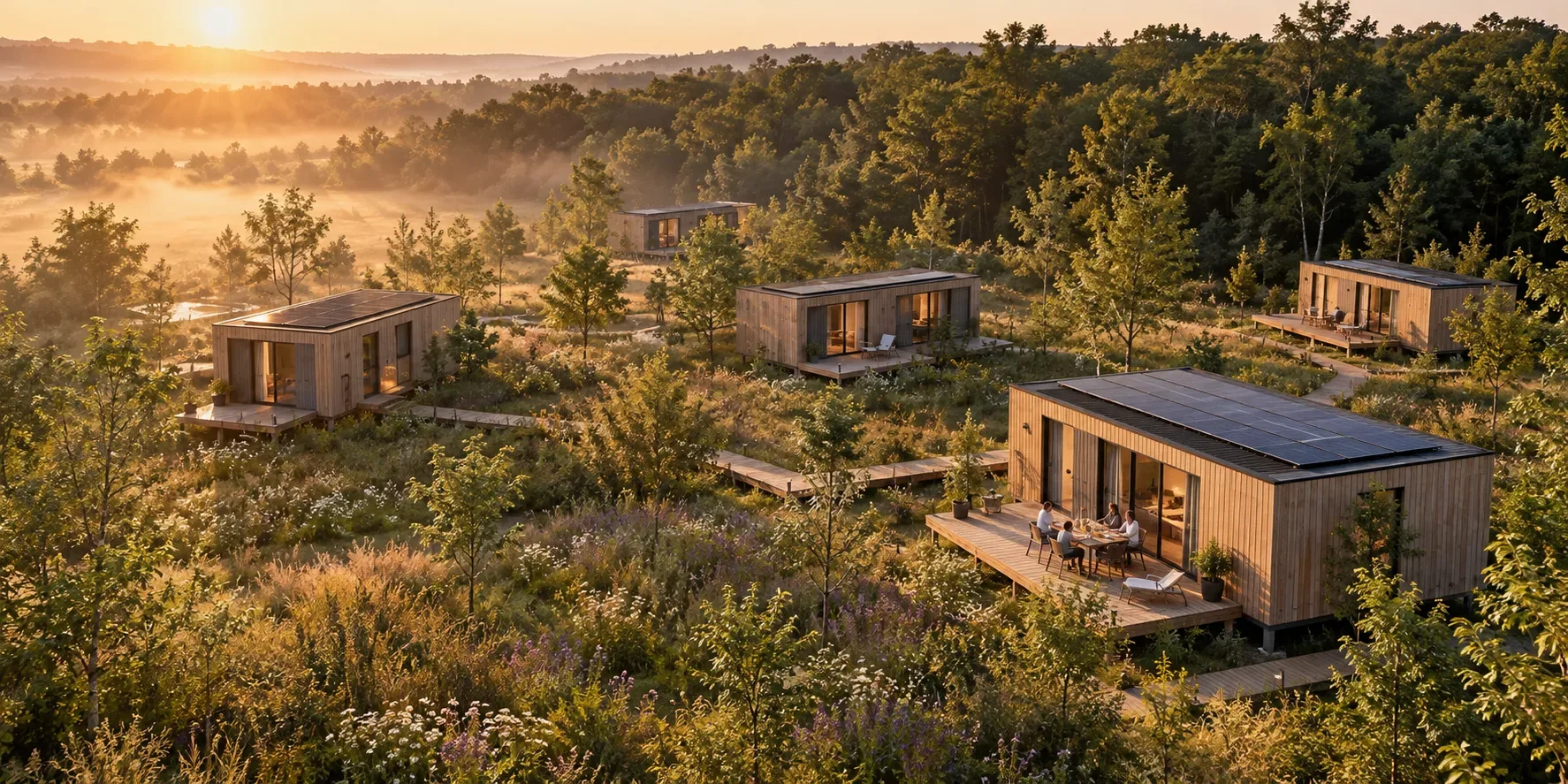 Pavillons Hoummi dispersés dans une prairie fleurie en lisière de forêt, au lever du soleil, reliés par des platelages en bois