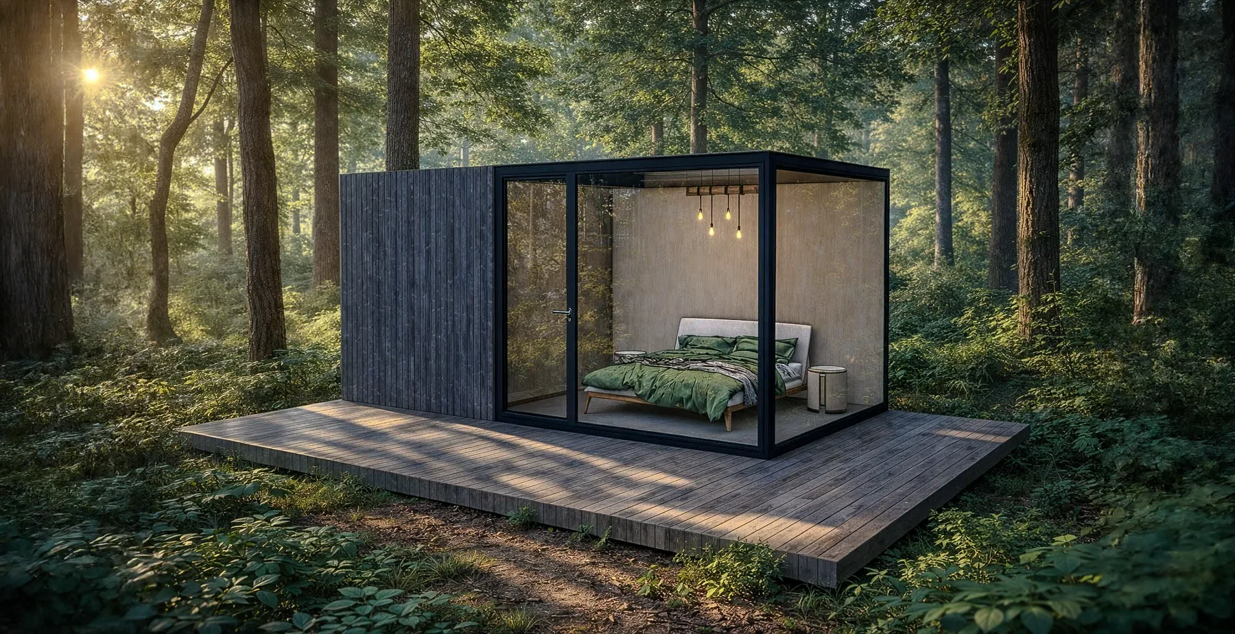 Chambre meublée d'un pavillon Hoummi, grand vitrage ouvert sur la forêt, terrasse en bois