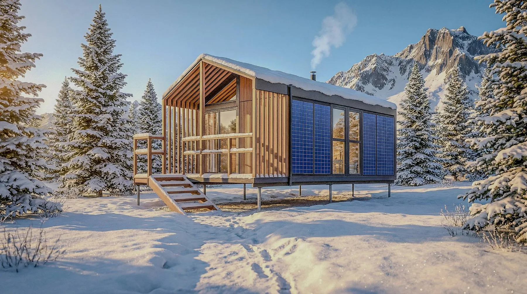 Pavillon Hoummi en montagne sous la neige, façade solaire, poêle allumé, posé sur pieux