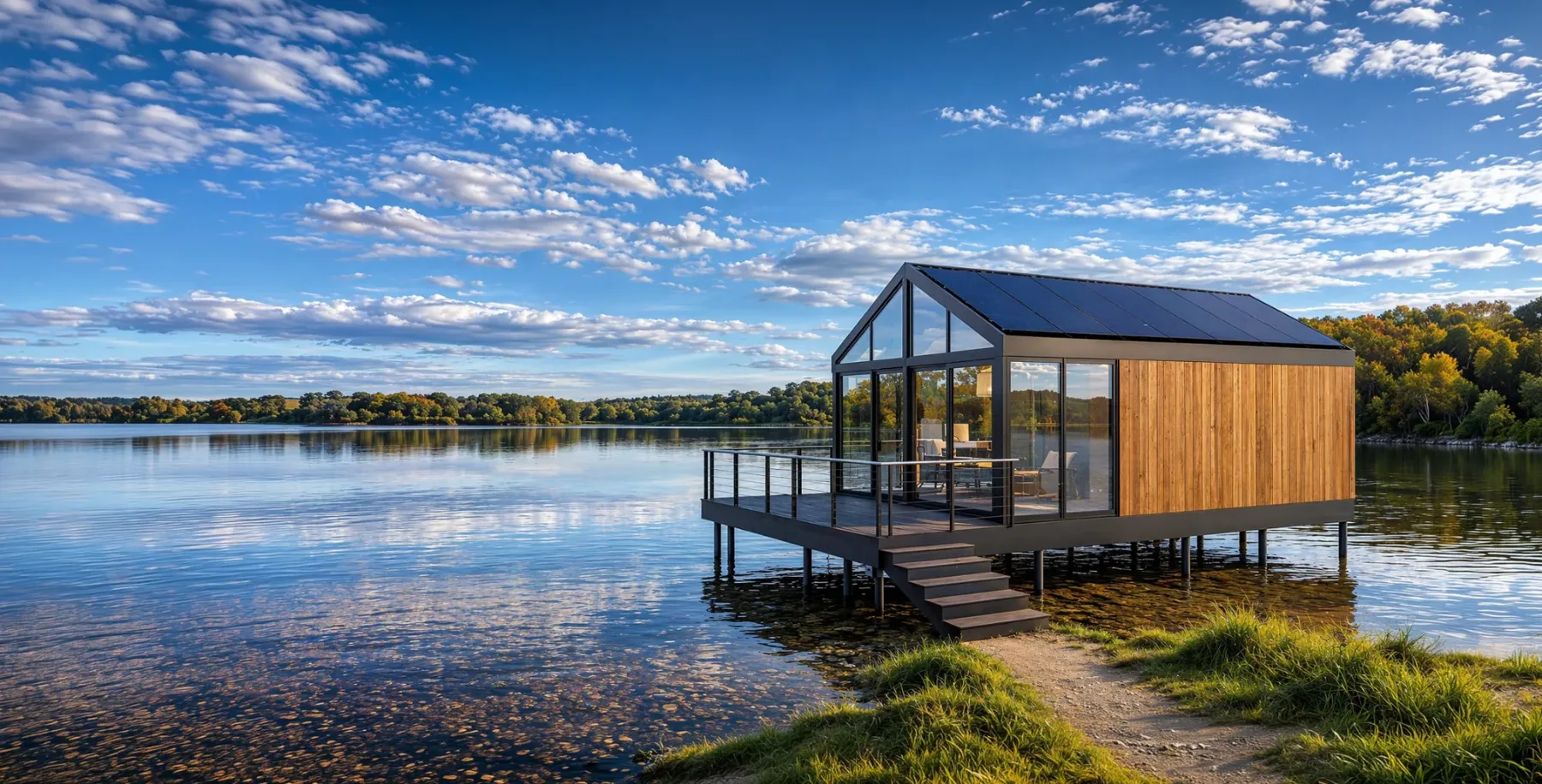 Pavillon Hoummi sur pilotis au bord d'un lac, terrasse vitrée et toiture solaire