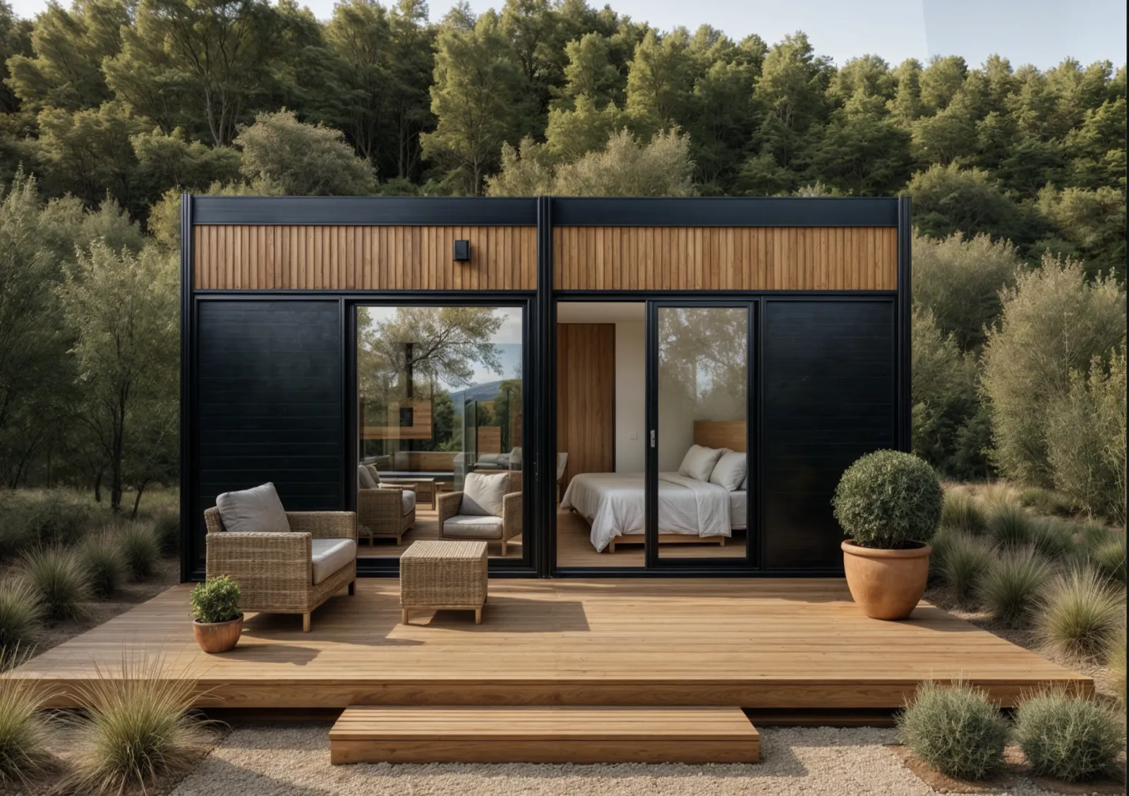 Terrasse meublée devant une suite Hoummi aux baies ouvertes
