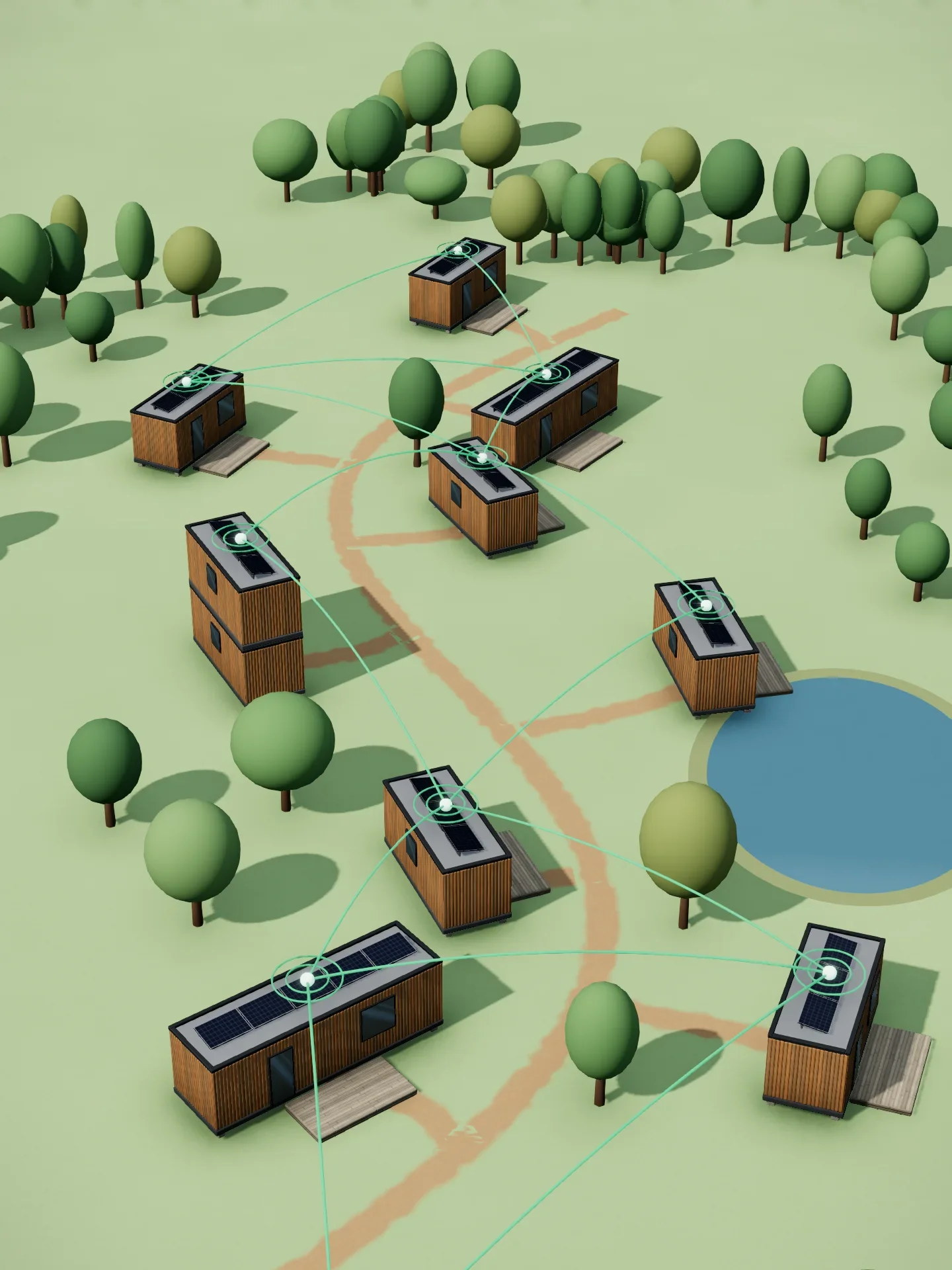 Village de vacances Hoummi en 3D : pavillons dans la prairie, reliés par des liaisons lumineuses à l'antenne de l'accueil