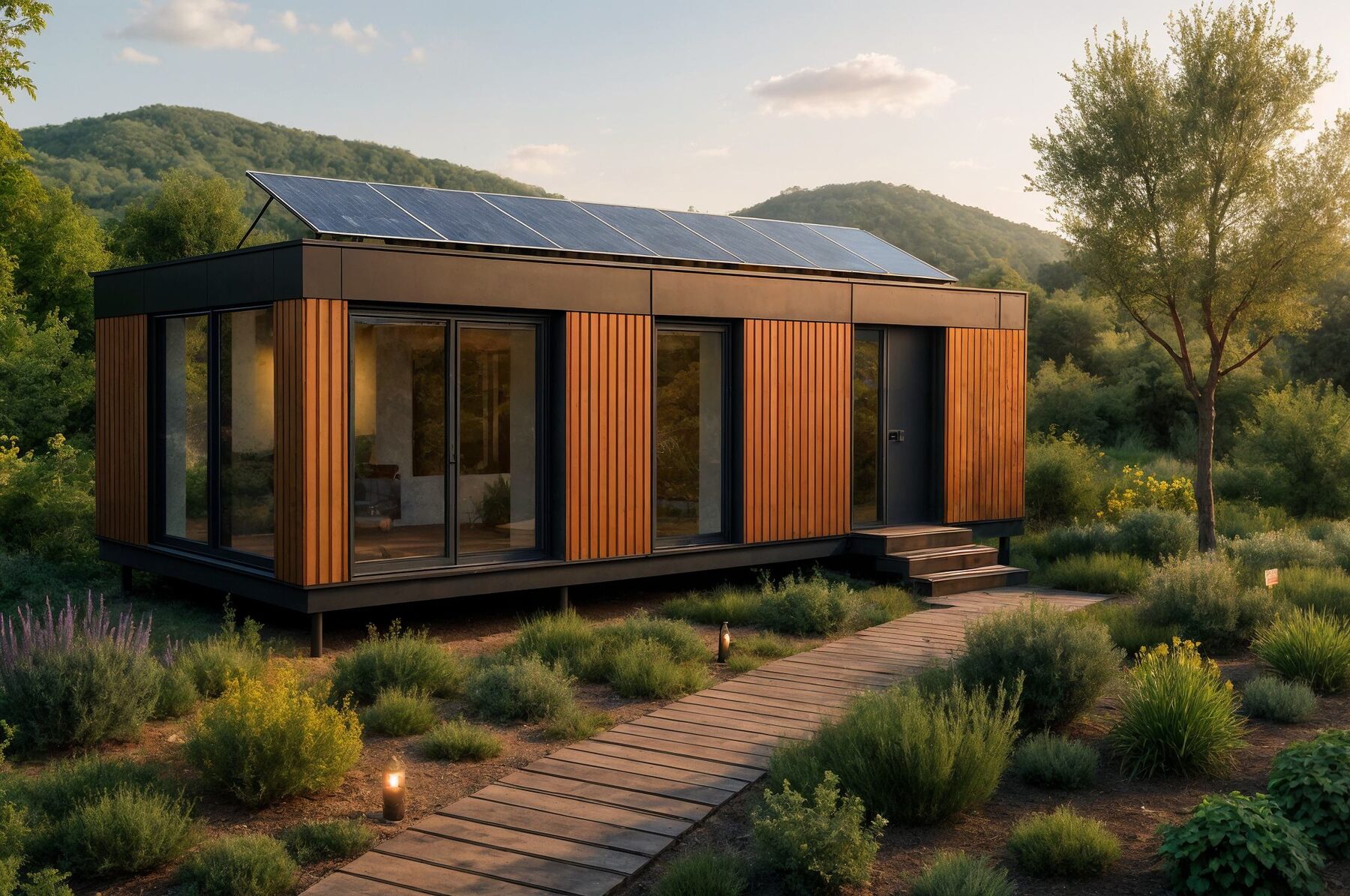 Pavillon Hoummi éclairé au crépuscule, panneaux solaires en toiture et cheminement en bois