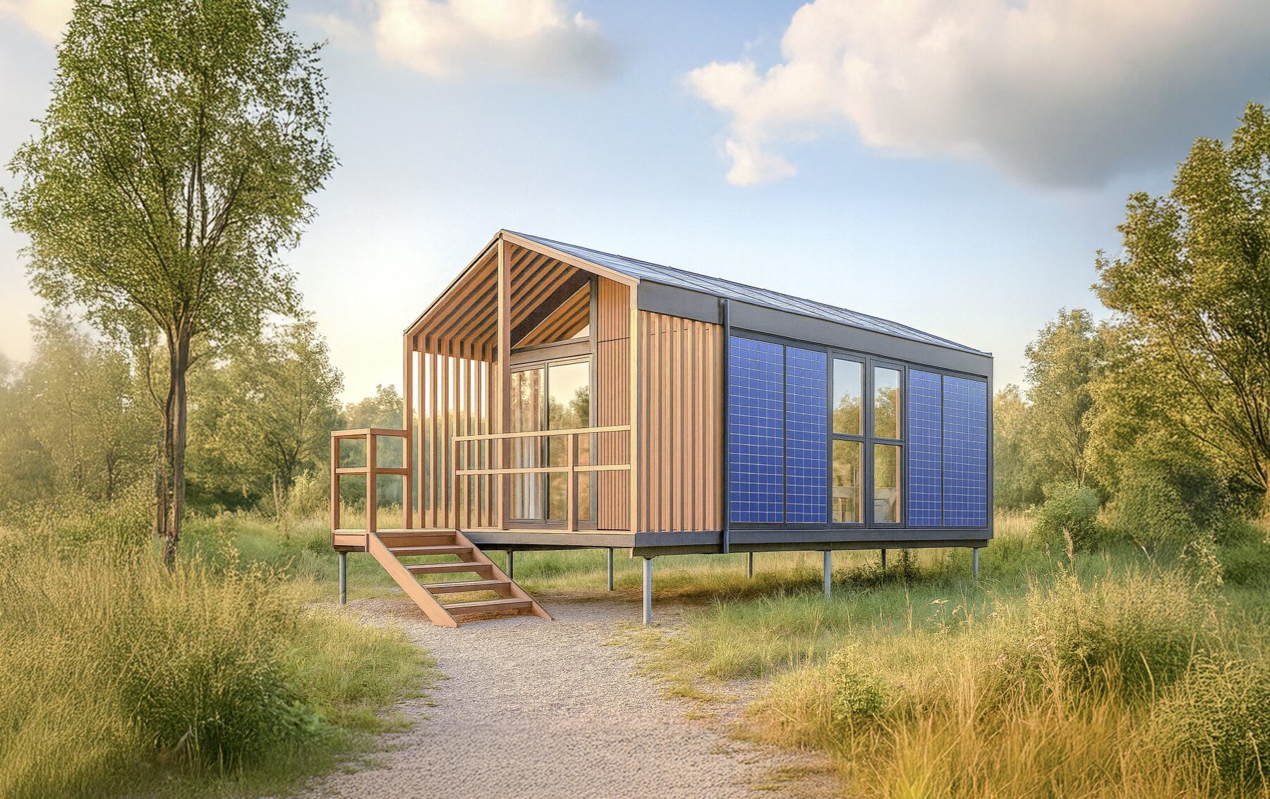 Pavillon Hoummi avec avancée couverte en ossature bois et façade photovoltaïque