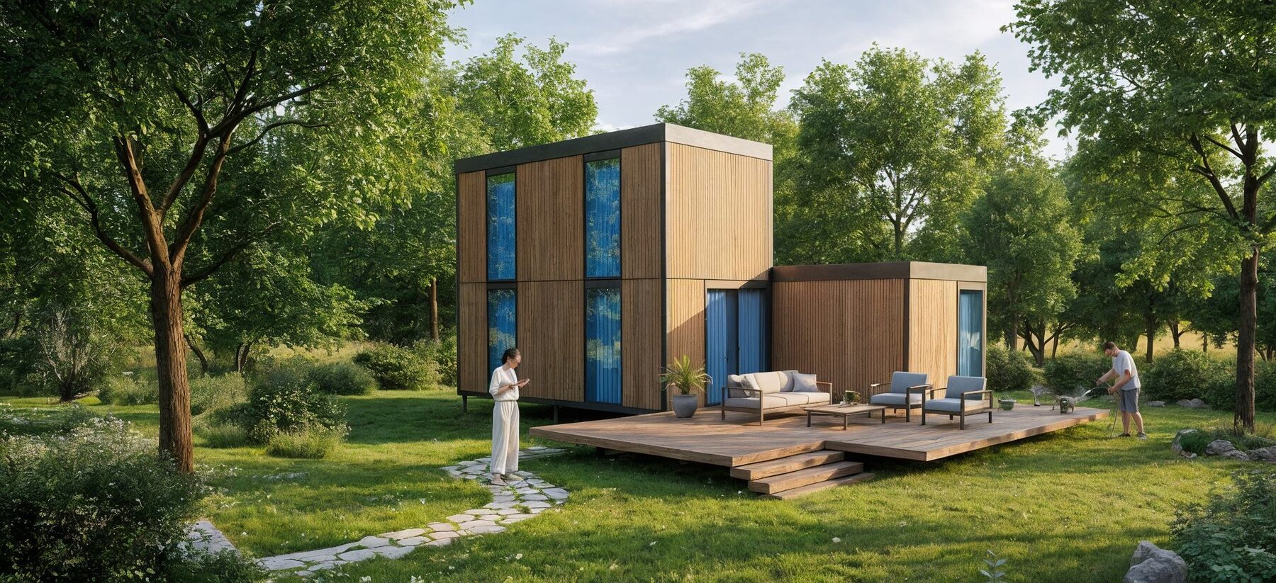 Pavillon Hoummi à étage avec terrasse en bois et salon extérieur, dans un parc arboré