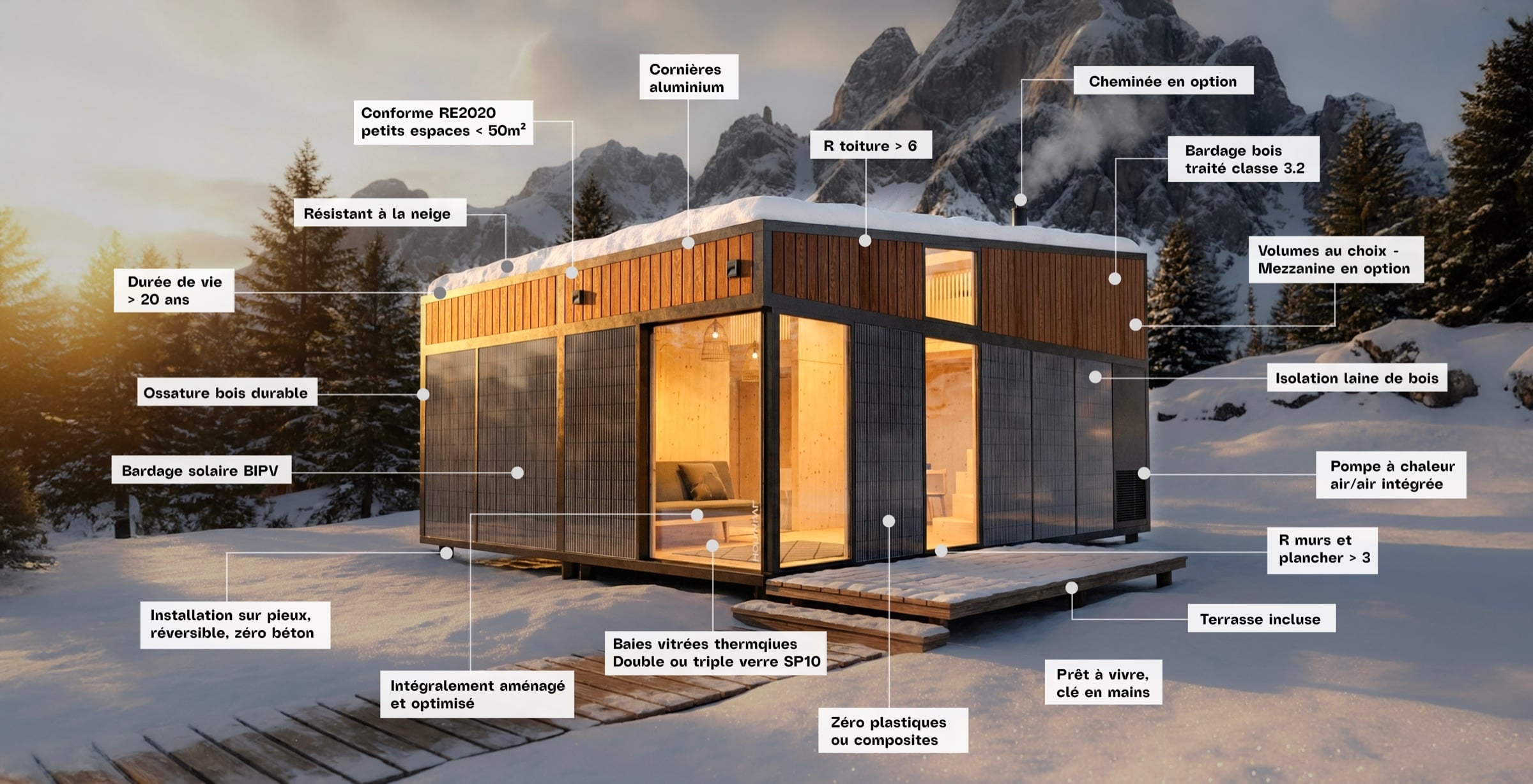 Perspective d'un module légendée par renvois : conformité RE2020 sous 50 m², bardage bois traité classe 3, isolation laine de bois, double ou triple vitrage, bardage solaire BIPV, installation sur pieux sans béton, toiture incluse