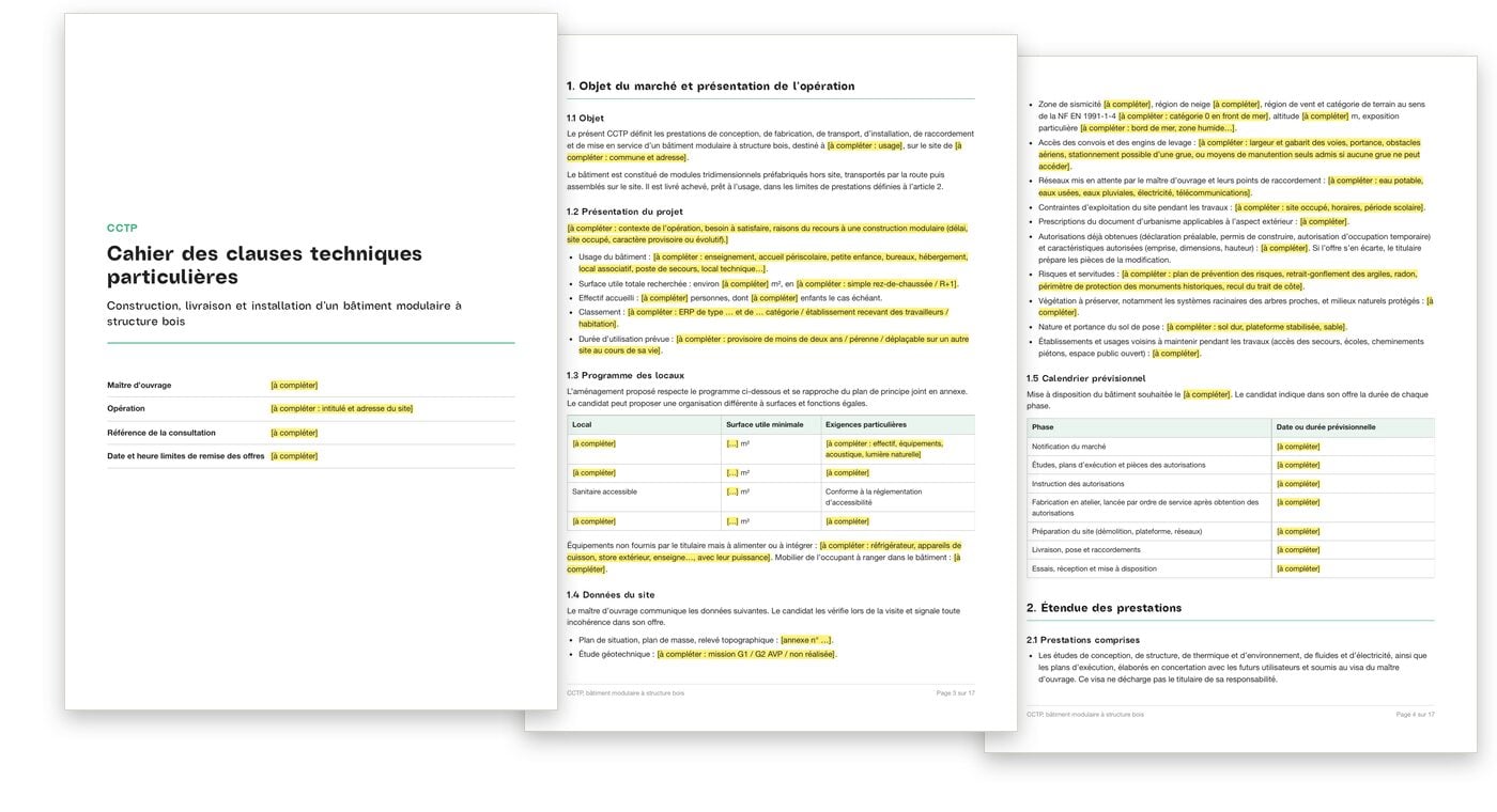 Trois pages du CCTP type : la page de garde, l'objet du marché avec le programme des locaux, et les données du site, les champs à compléter surlignés en jaune