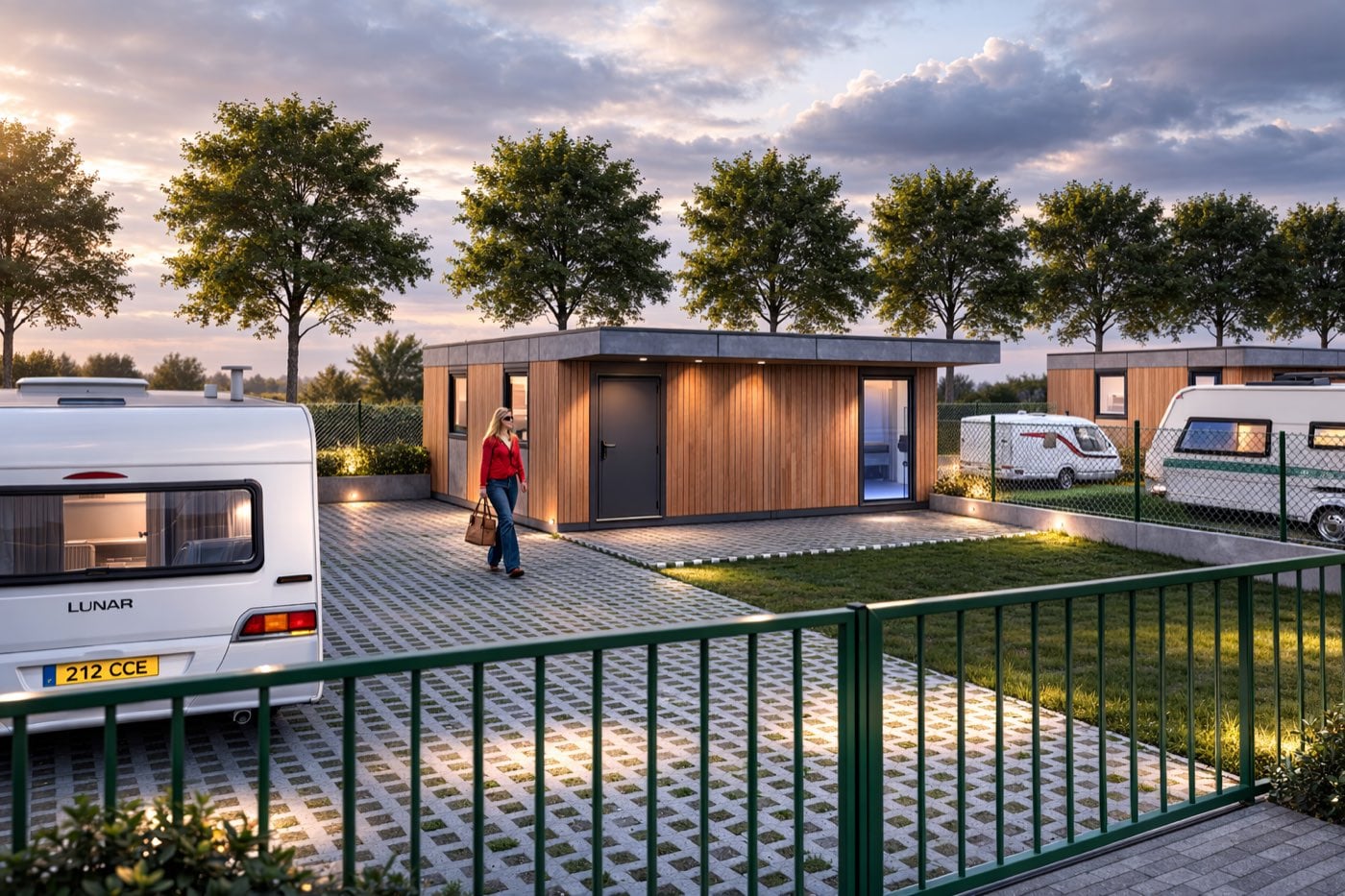 Module sanitaire implanté sur un terrain de camping, caravanes de part et d'autre