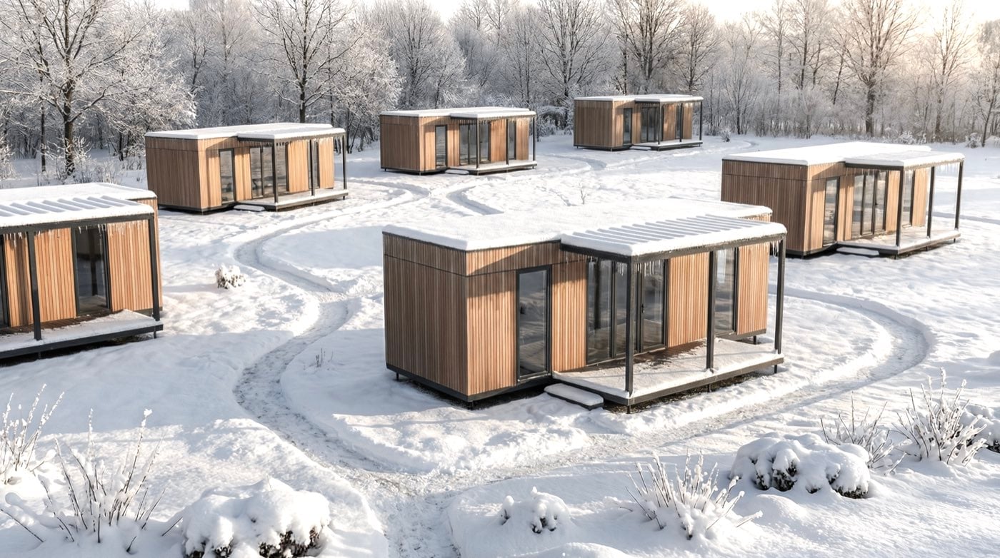 Hameau de modules sur un terrain enneigé, terrasses couvertes et bois givrés