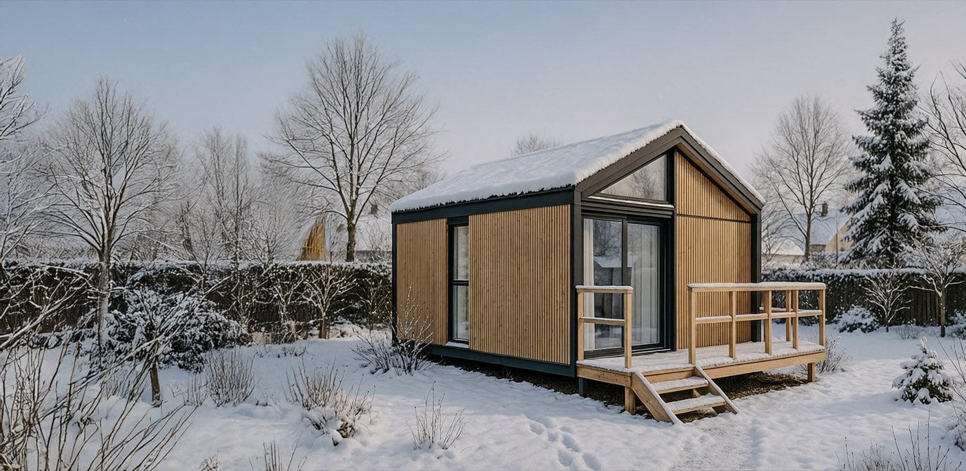 Module sous la neige, marches d'accès et garde-corps bois
