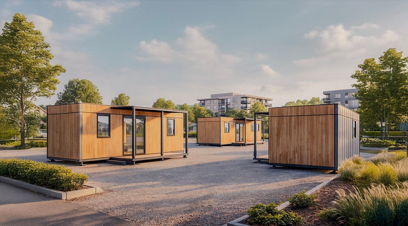 Trois modules posés sur vérins en frange de quartier, allées en gravier et immeubles collectifs à l'arrière-plan