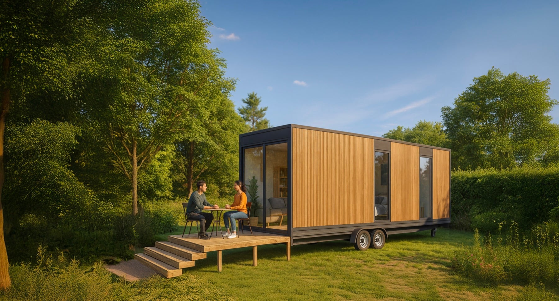 Tiny House Hoummi avec terrasse et escalier, deux occupants installés dehors