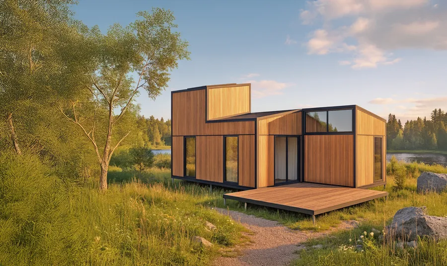 Module Hoummi en bardage bois avec terrasse, dans une prairie au soleil couchant