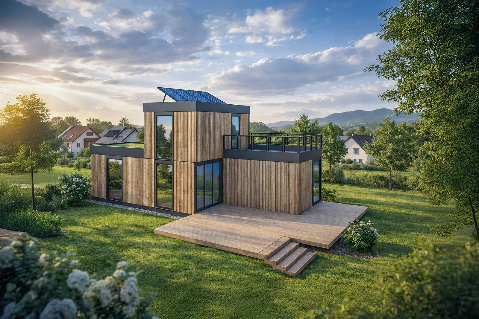 Maison Hoummi en modules bardés bois avec un étage, des panneaux solaires et une grande terrasse, dans un jardin au soleil couchant
