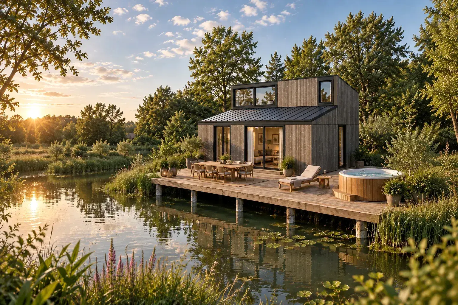 Module Hoummi bardé bois sur une terrasse en pilotis au bord d'un étang, au soleil couchant, avec spa et table pour six