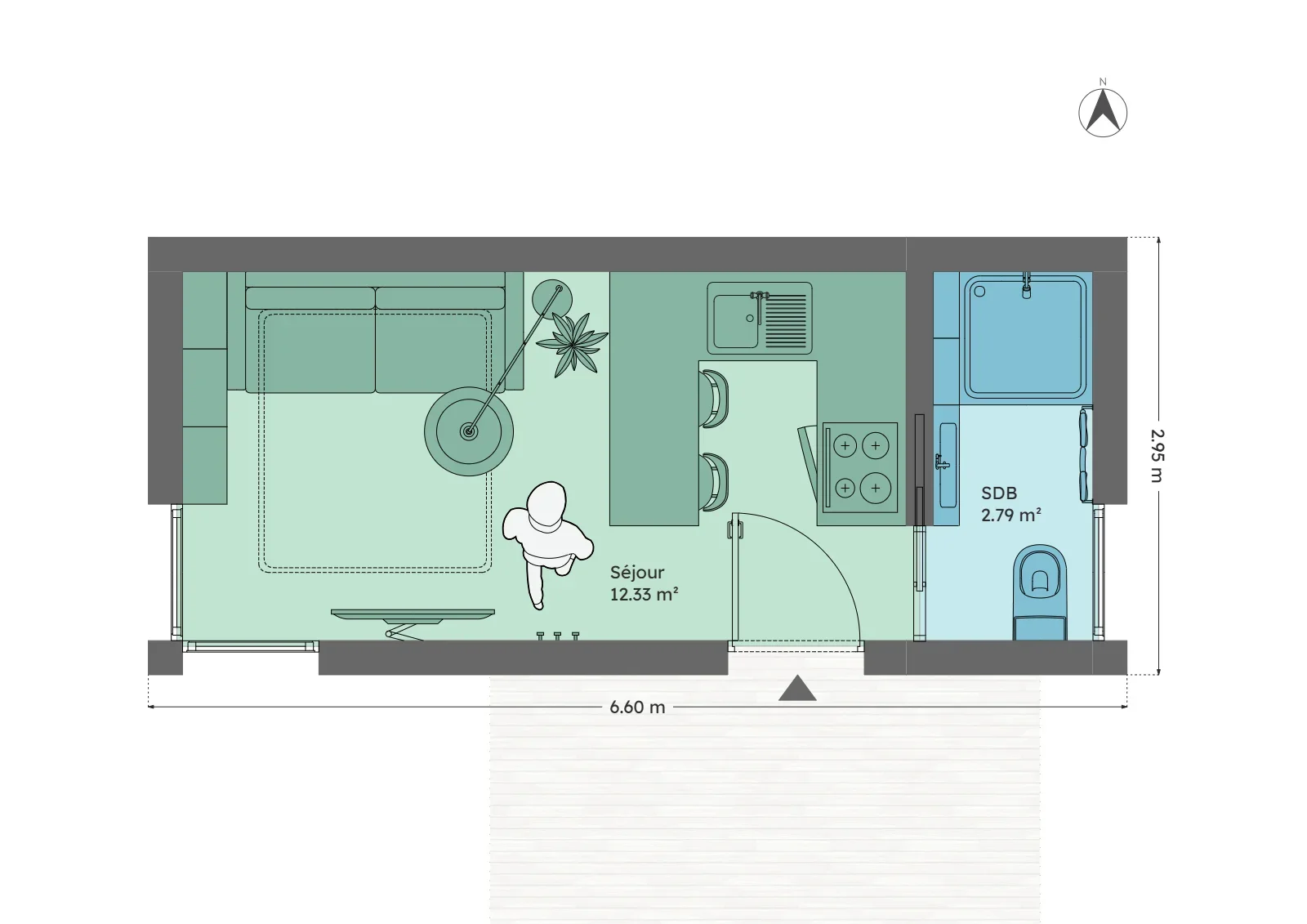 Plan du module 3 × 6, studio, 15 m², cuisine en U prolongée par un comptoir pour deux