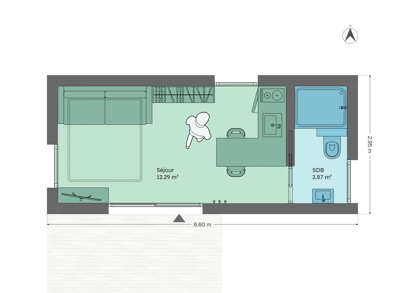 Plan du module 3 × 6, studio, 15 m², canapé convertible, table pour deux et penderie