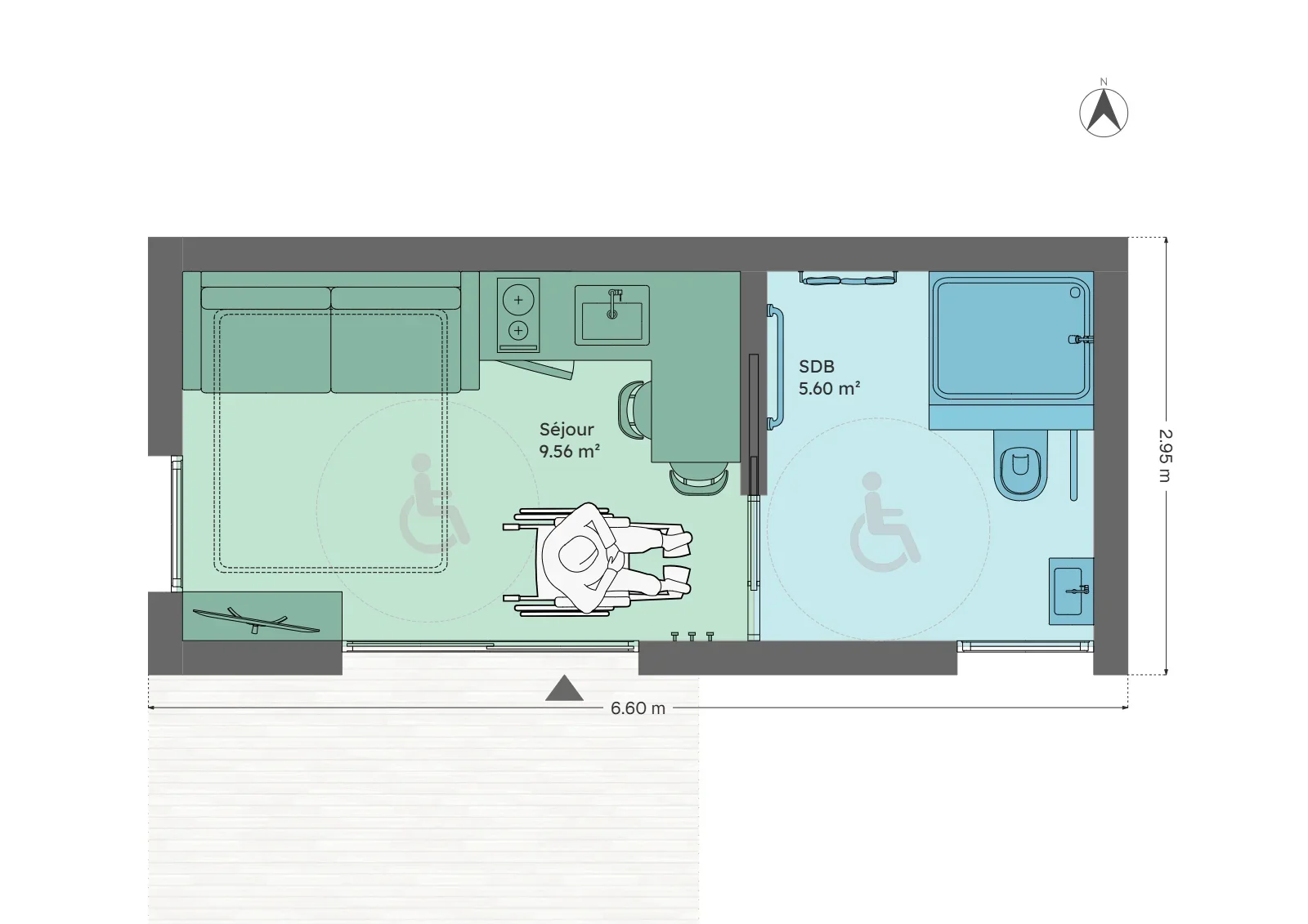 Plan du module 3 × 6, studio, 15 m², version accessible aux personnes à mobilité réduite