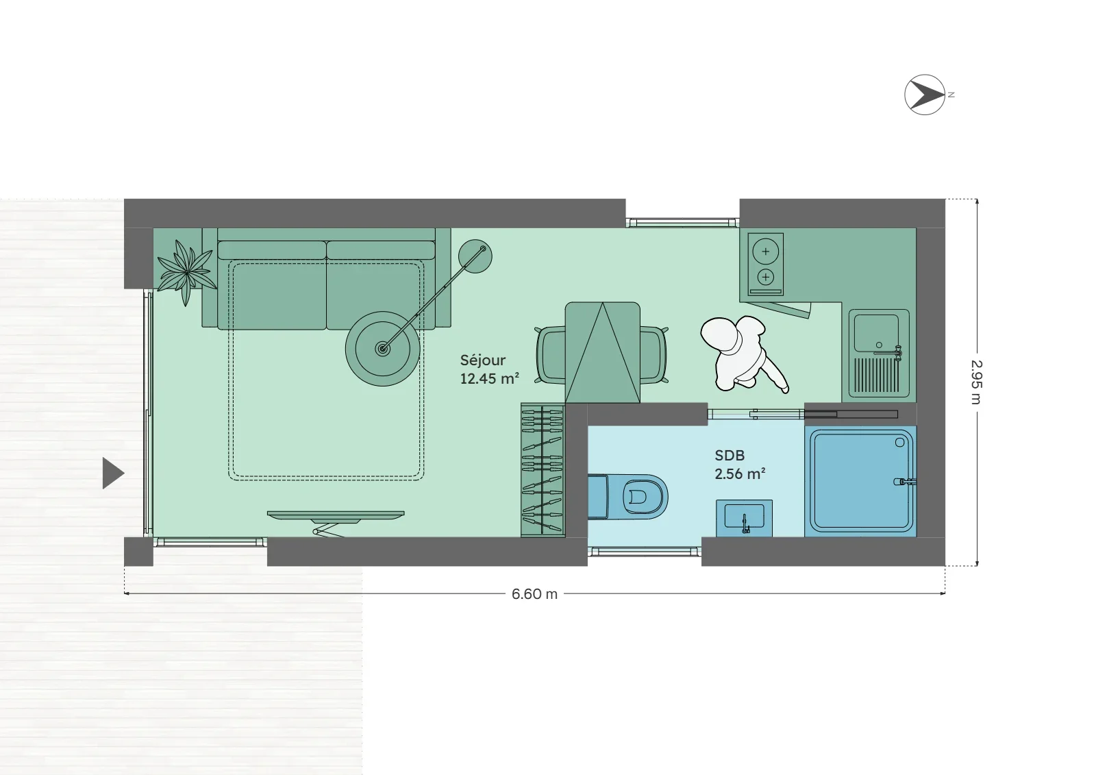 Plan du module 3 × 6, studio, 15 m², entrée en pignon et table pour deux