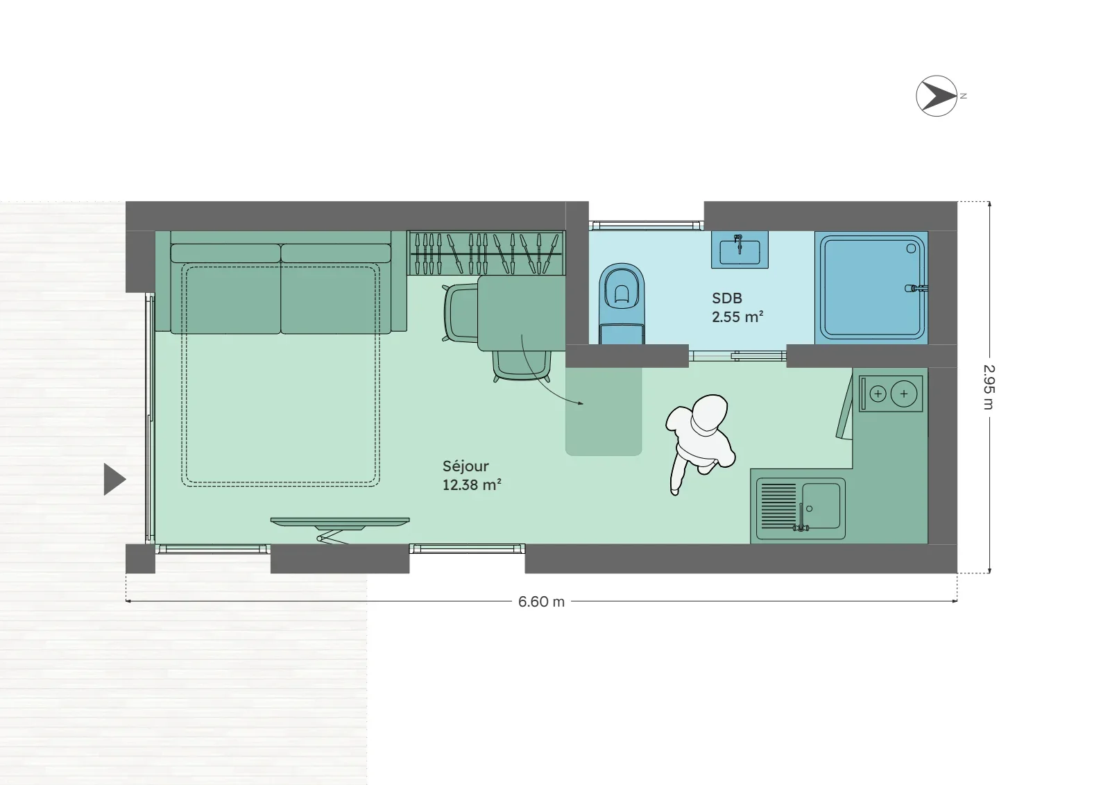 Plan du module 3 × 6, studio, 15 m², entrée en pignon et coin bureau