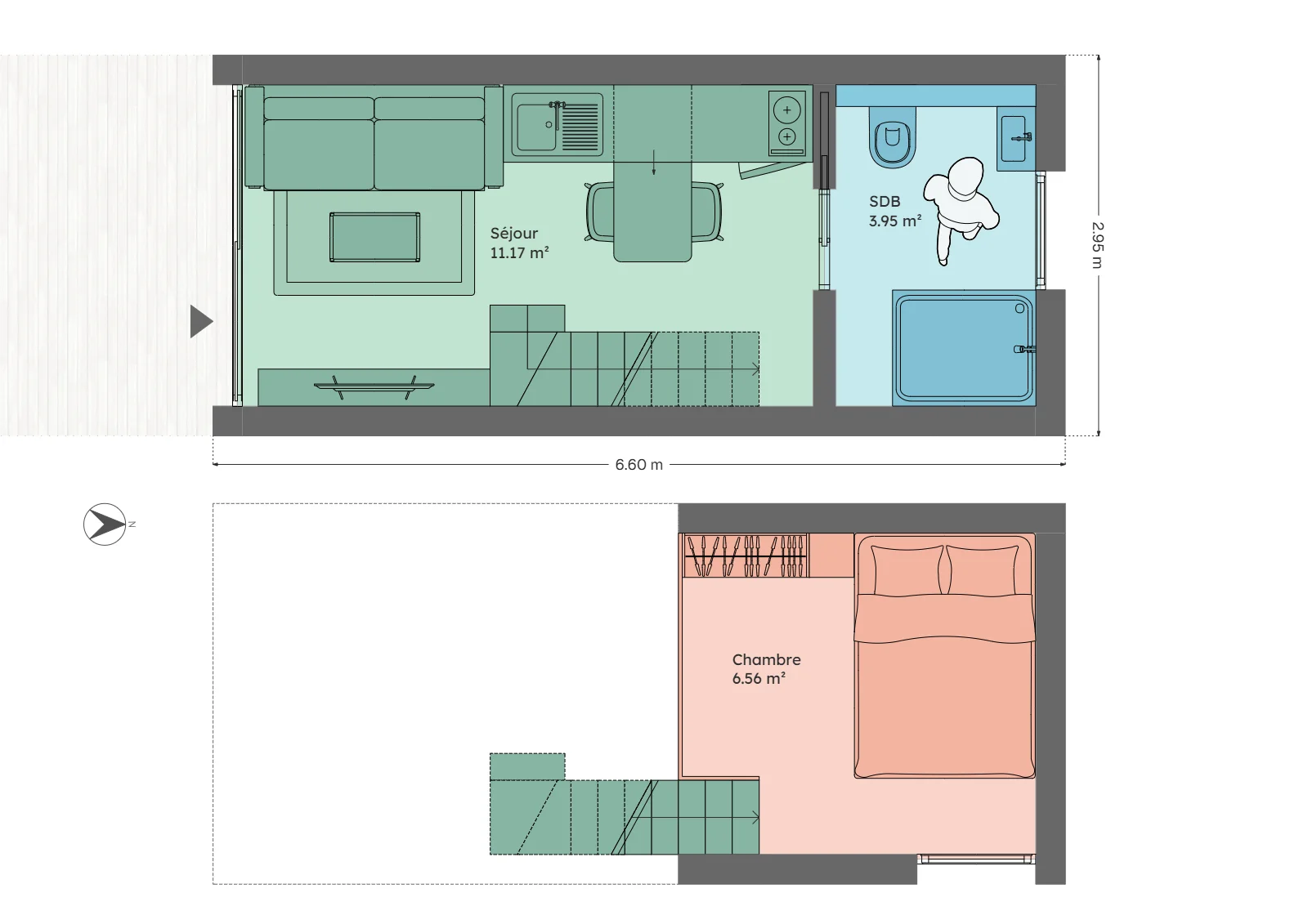 Plan du module 3 × 6, T1, 15 m² au sol, séjour et salle d'eau au rez-de-chaussée, chambre de 6,5 m² en mezzanine