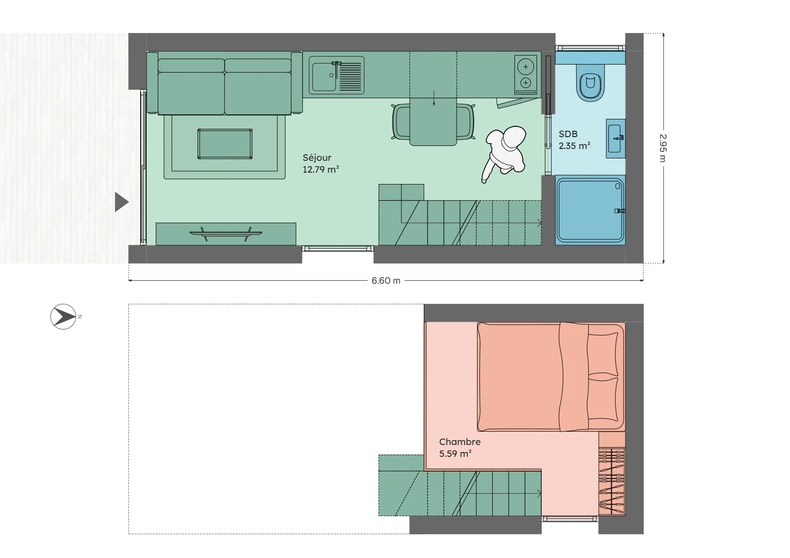 Plan du module 3 × 6, T1, 15 m² au sol, séjour et salle d'eau au rez-de-chaussée, chambre de 5,6 m² en mezzanine