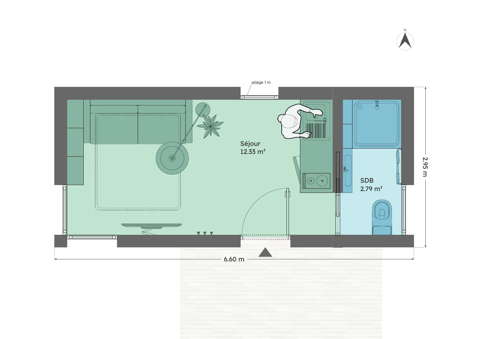 Plan du module 3 × 6, studio, 15 m², cuisine linéaire contre la salle d’eau