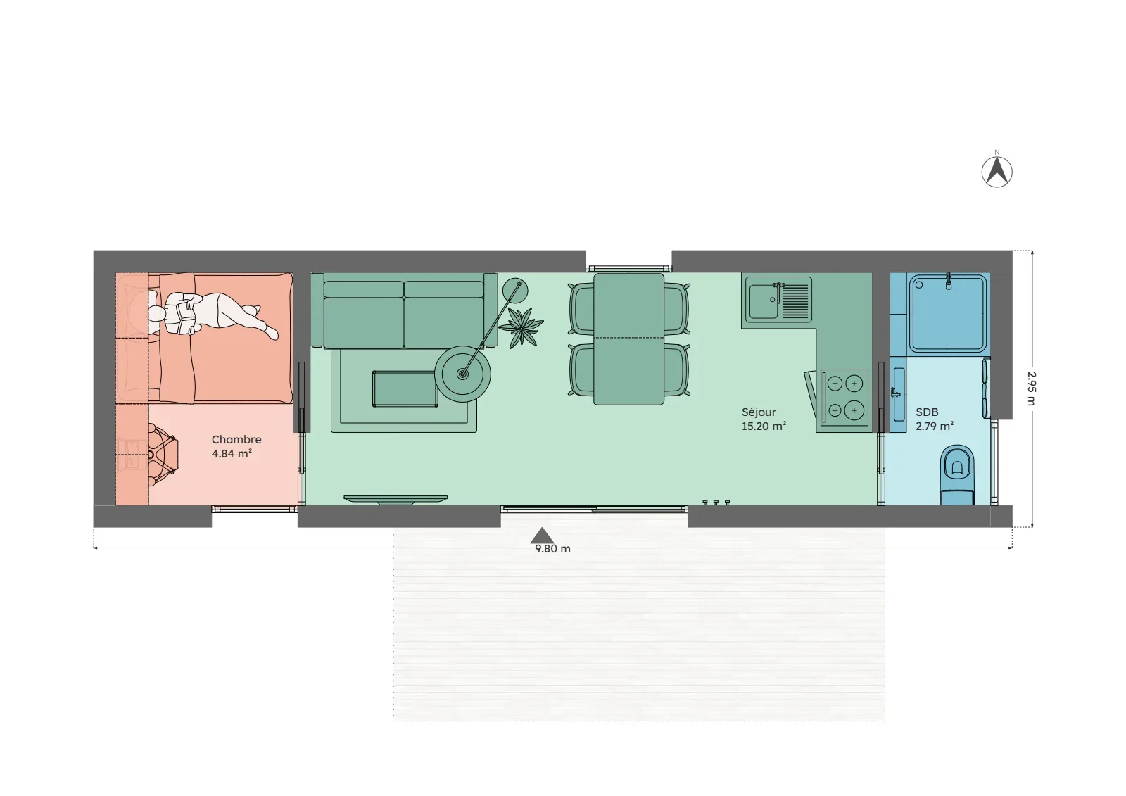 Plan du module 3 × 9, T2, 23 m², chambre de 4,8 m² avec lit double et bureau