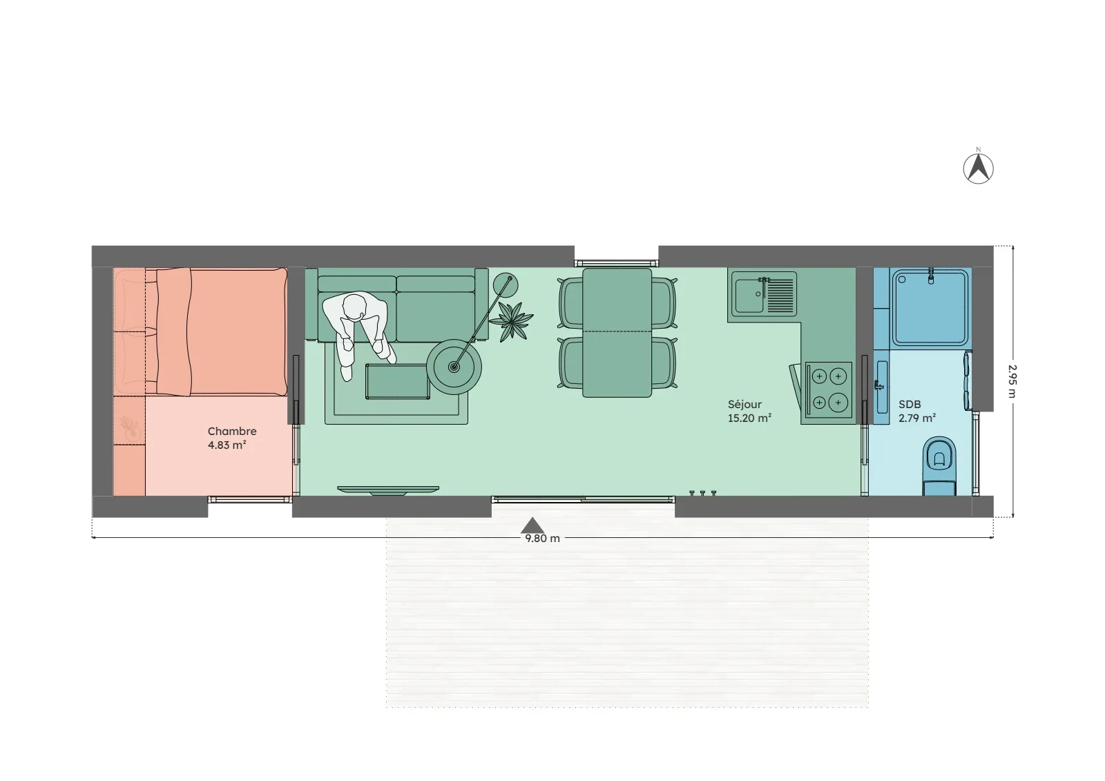 Plan du module 3 × 9, T2, 23 m², chambre de 4,8 m² avec lit double et rangements