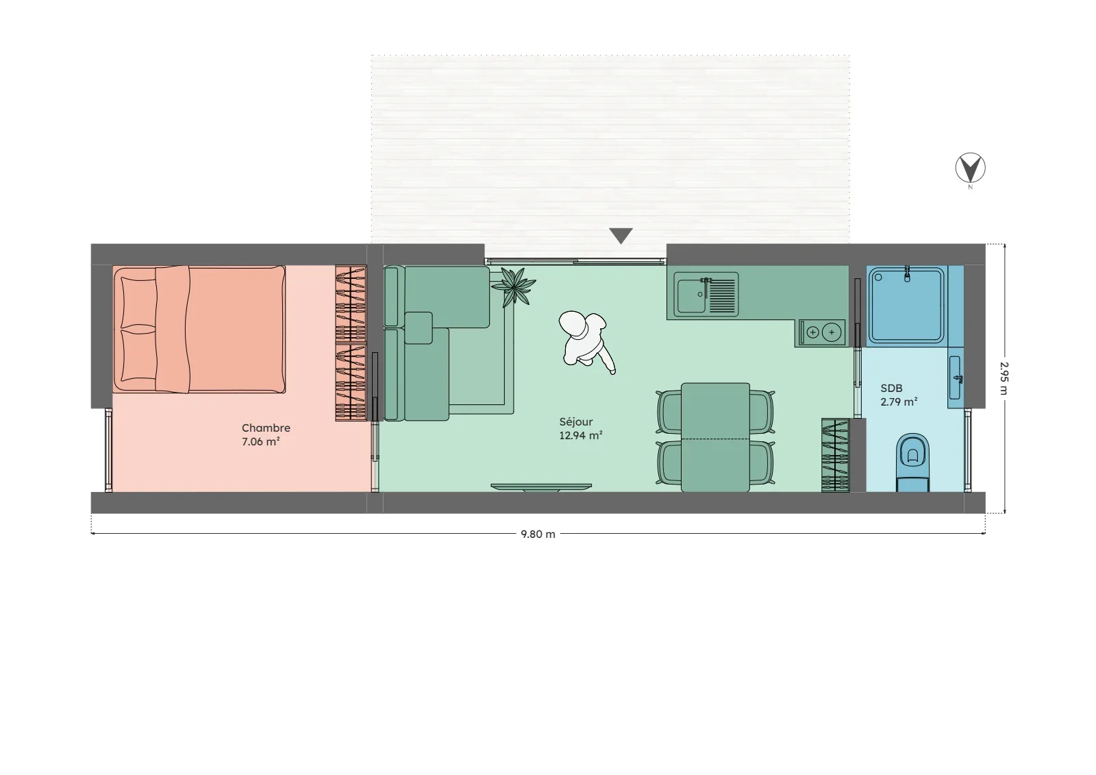 Plan du module 3 × 9, T2, 23 m², chambre de 7 m² avec penderie