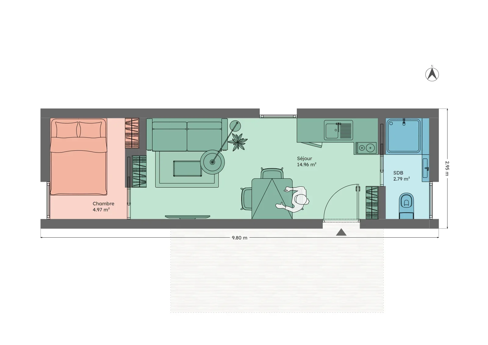 Plan du module 3 × 9, T2, 23 m², entrée au droit de la cuisine et chambre de 5 m²