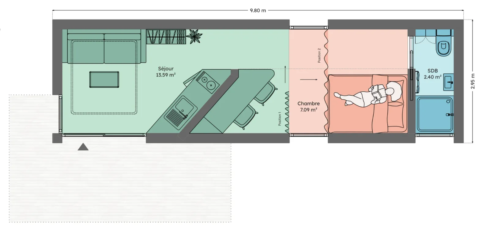 Plan du module 3 × 9, T1, 23 m², chambre à cloison mobile