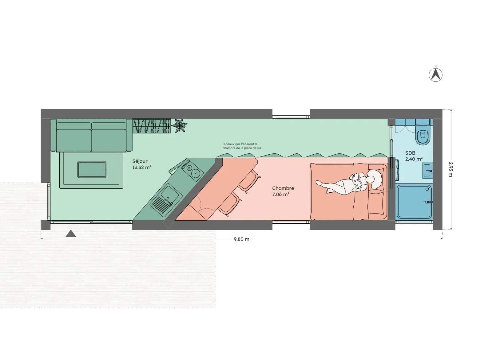 Plan du module 3 × 9, T1, 23 m², coin nuit de 7 m² séparé du séjour par un rideau