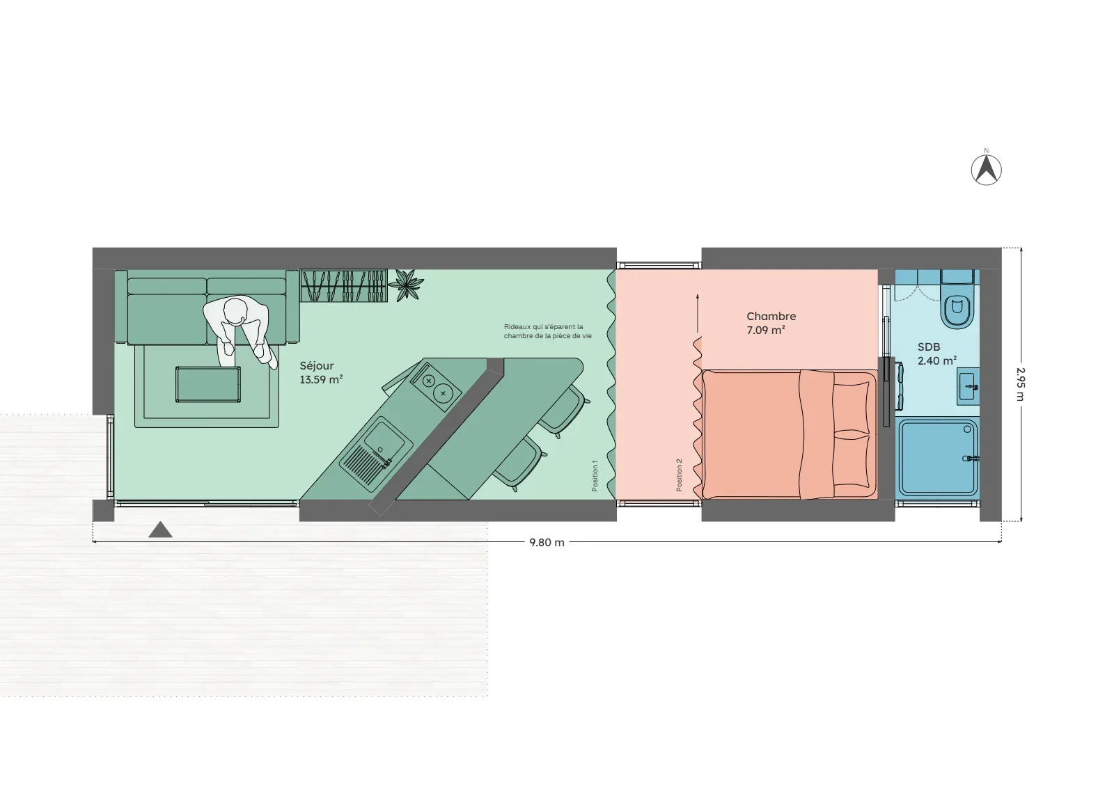 Plan du module 3 × 9, T1, 23 m², coin nuit de 7 m² fermé par un rideau à deux positions