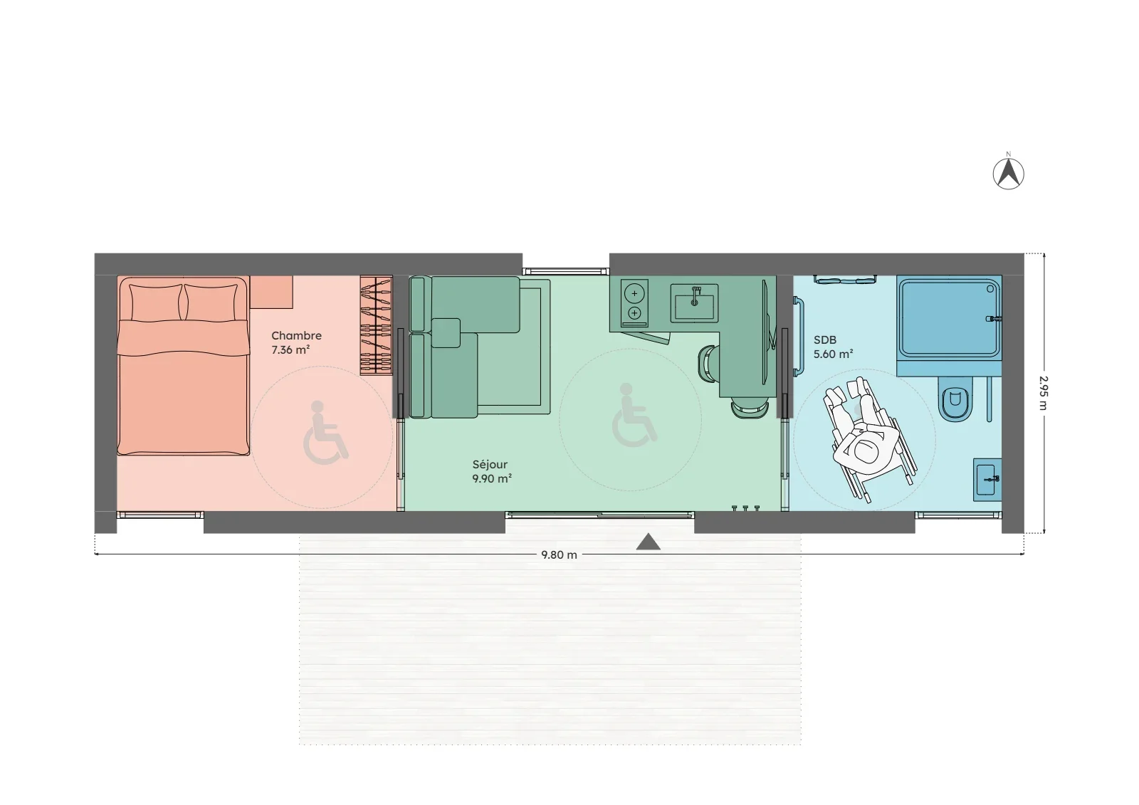 Plan du module 3 × 9, T2, 23 m², version accessible aux personnes à mobilité réduite