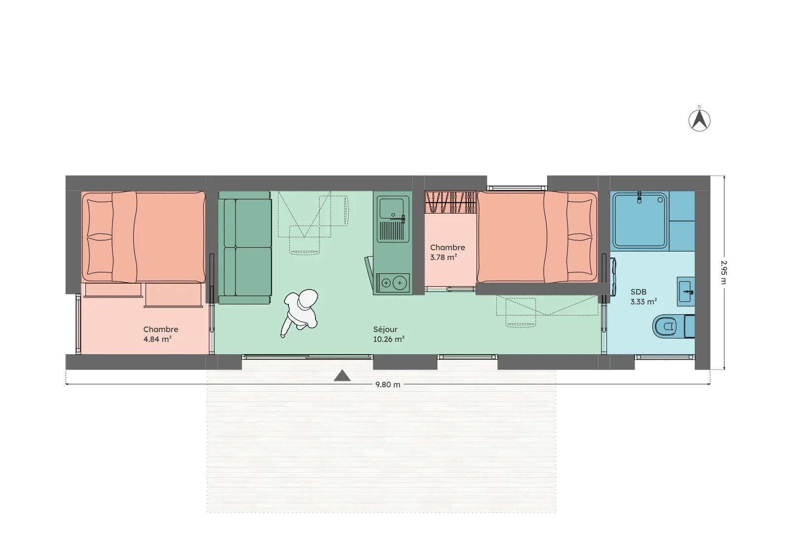 Plan du module 3 × 9, T3, 23 m², deux petites chambres de part et d'autre du séjour