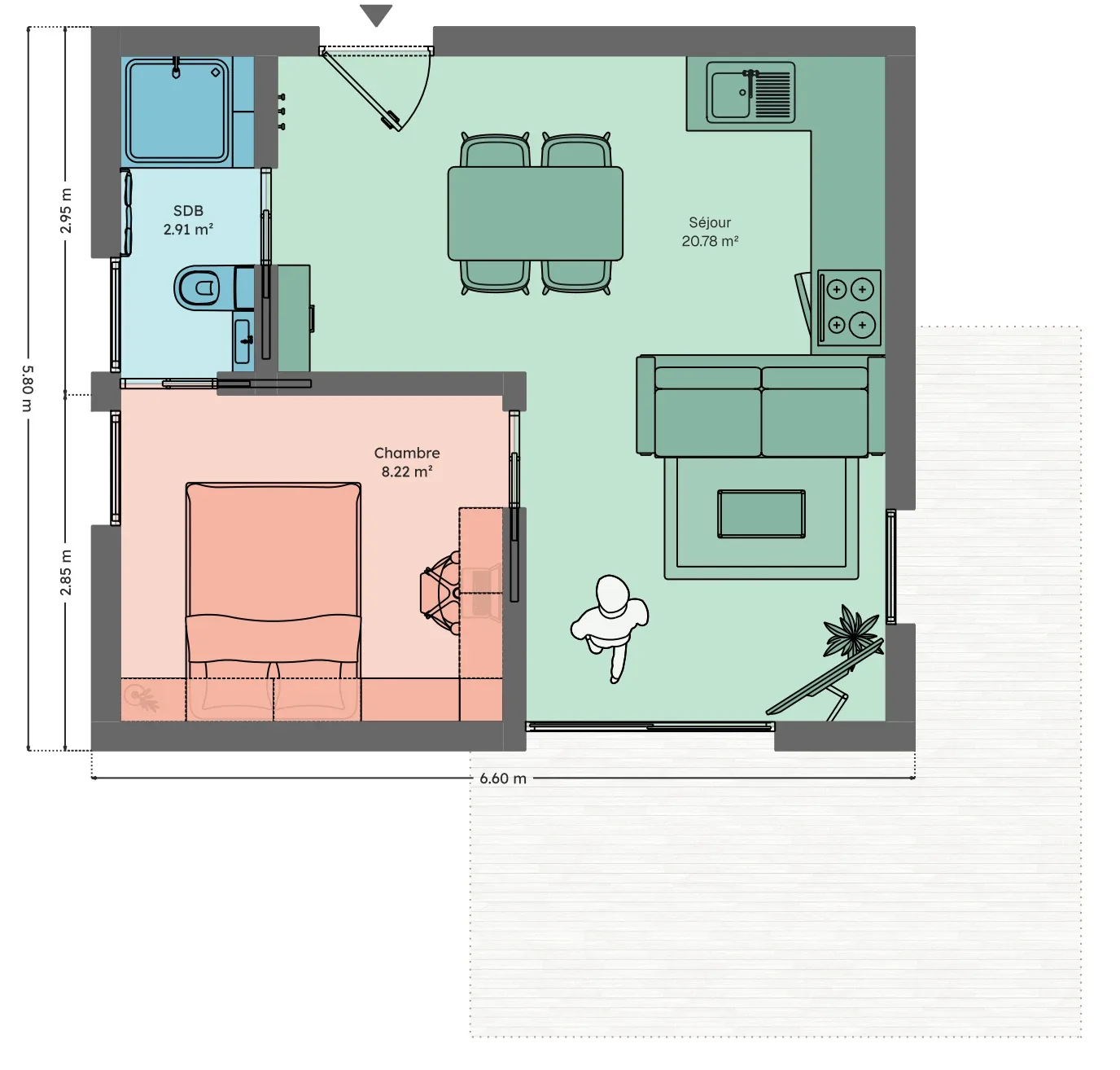 Plan du module 6 × 6, T2, 32 m², alignés, bureau en chambre