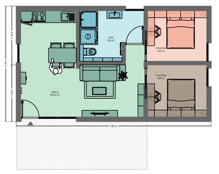 Plan du module 6 × 9, T3, 47,5 m², alignés, 2 chambres
