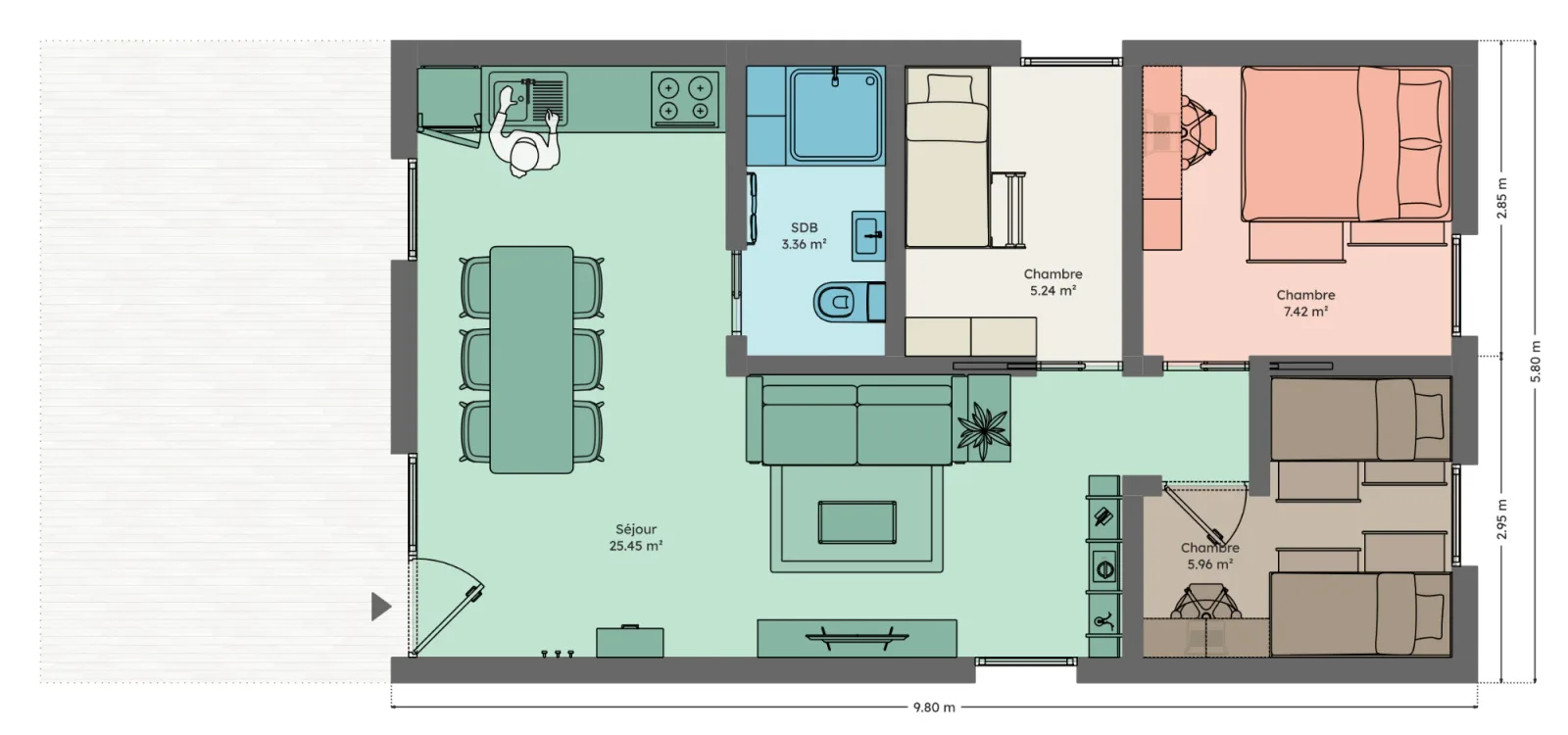 Plan du module 6 × 9, T3, 47,5 m², alignés, 3 chambres