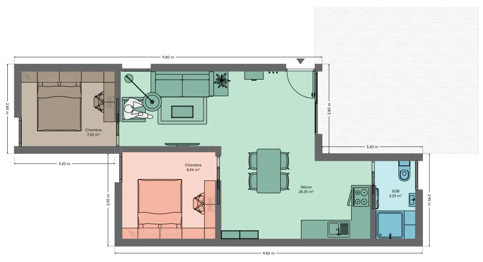 Plan du module 6 × 9, T3, 47,5 m², décalés, 2 chambres