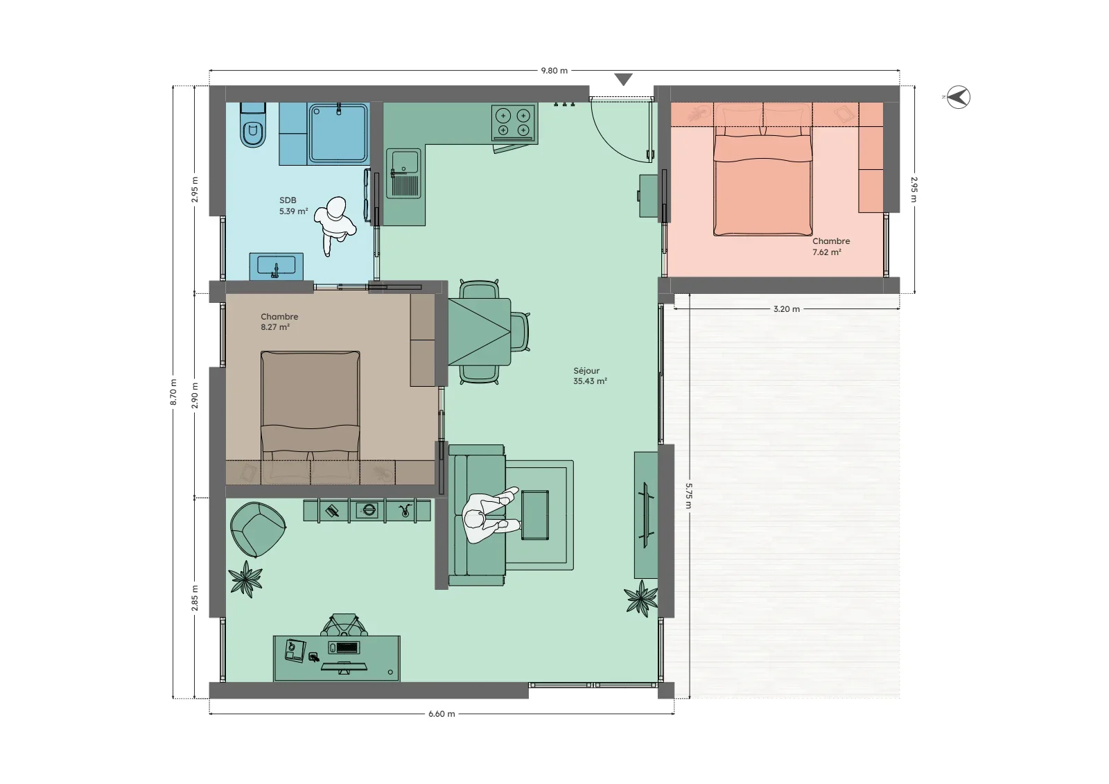 Plan du module 9 × 9-L, T3, 56,5 m², deux chambres et coin bureau dans le séjour