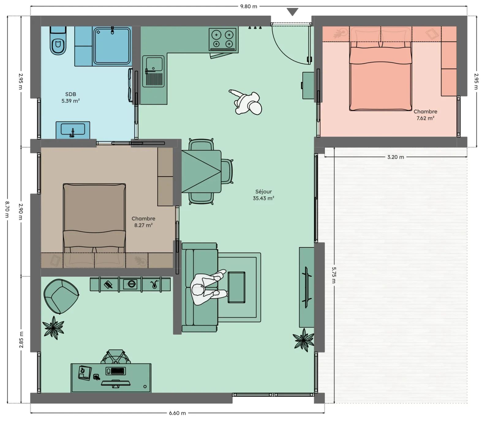 Plan du module 9 × 9-L, T3+, 56,5 m², deux chambres