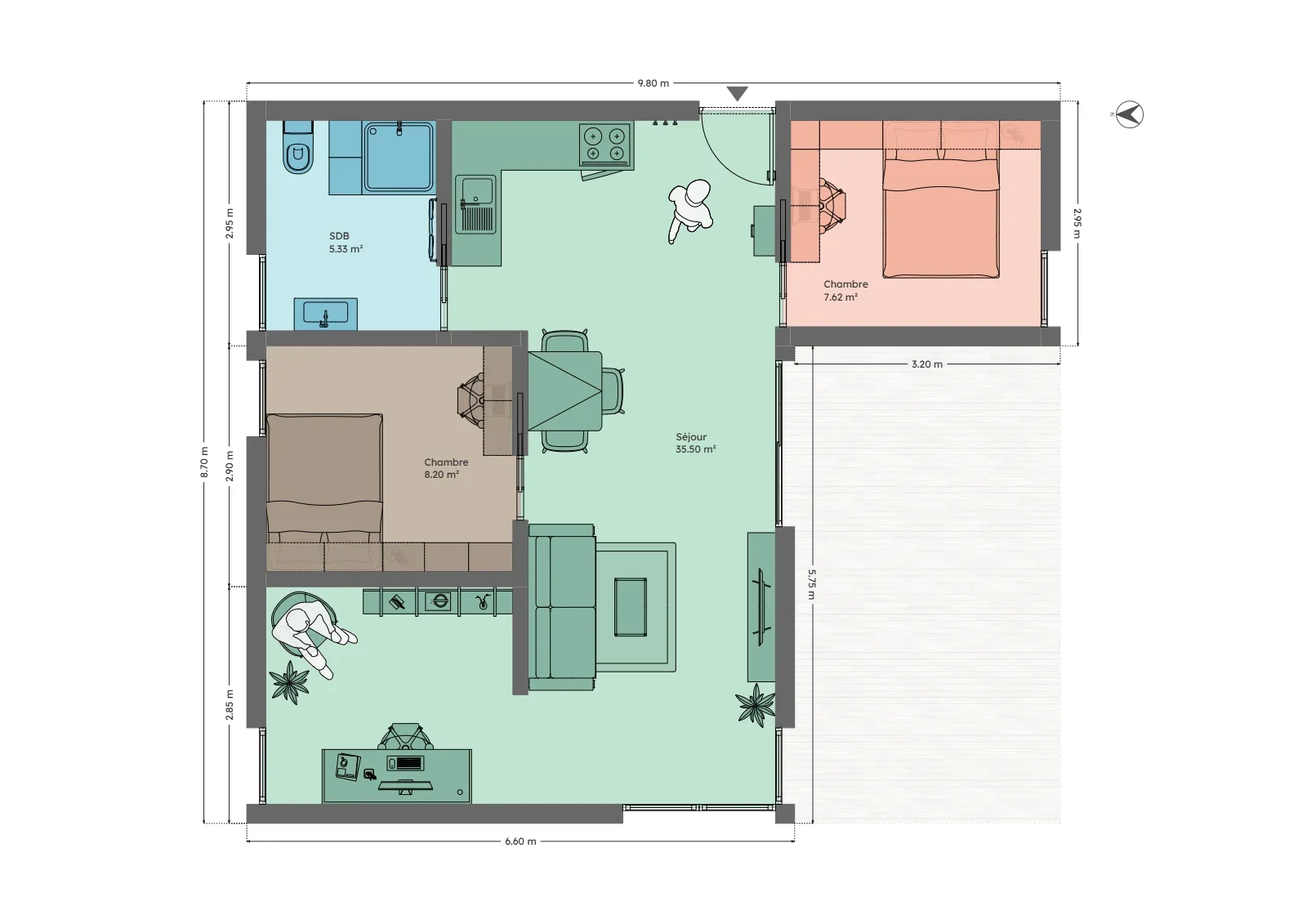 Plan du module 9 × 9-L, T3, 56,5 m², deux chambres avec bureau
