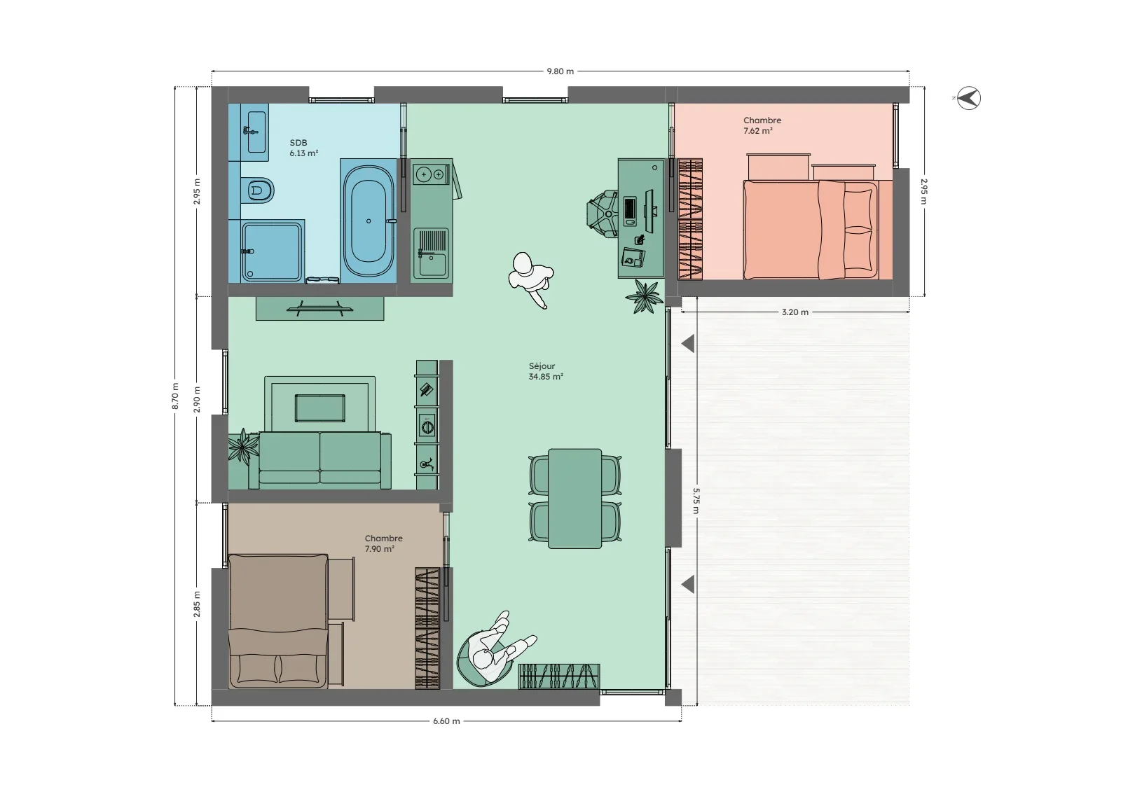 Plan du module 9 × 9-L, T3, 56,5 m², deux chambres et salle d'eau de 6 m² avec baignoire et douche