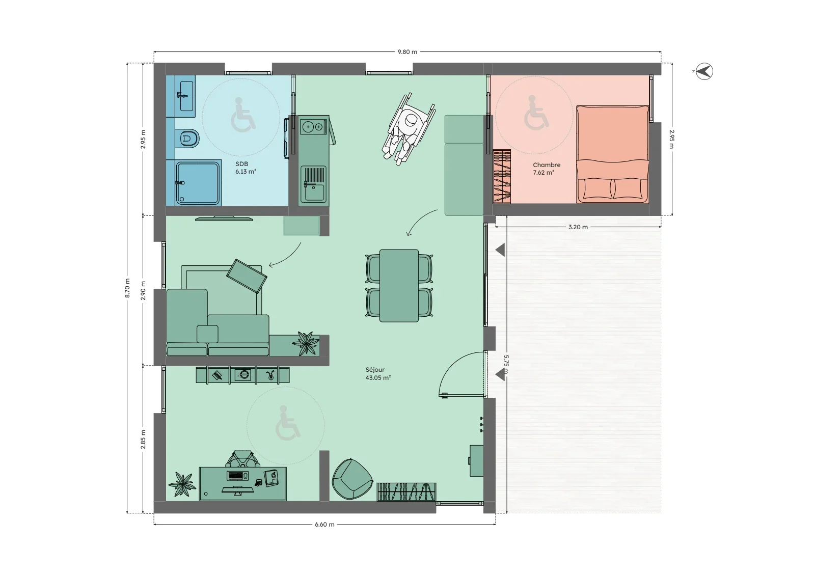 Plan du module 9 × 9-L, T2, 56,5 m², une chambre, version accessible aux personnes à mobilité réduite
