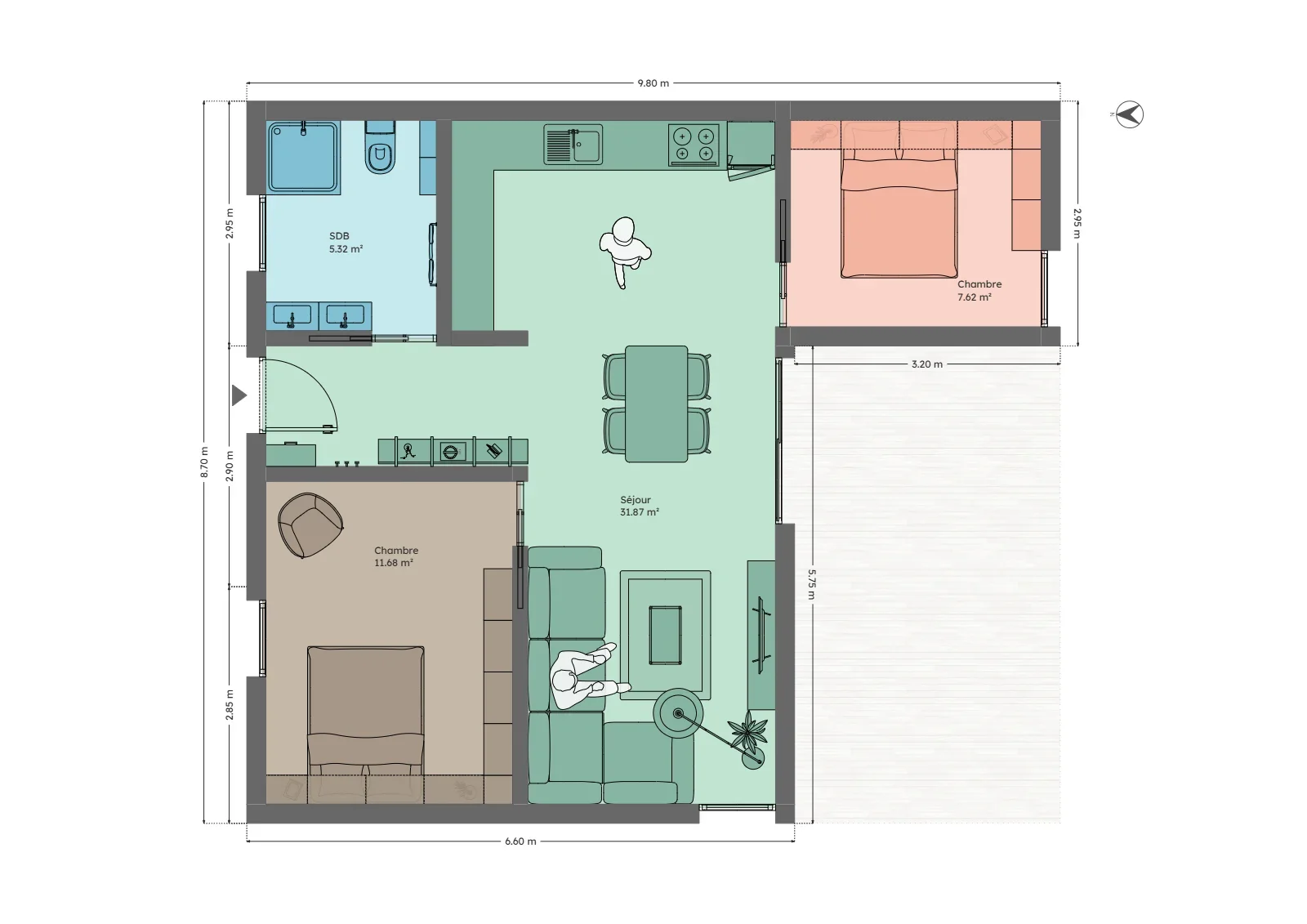 Plan du module 9 × 9-L, T3, 56,5 m², deux chambres dont une chambre parentale de 11,7 m²