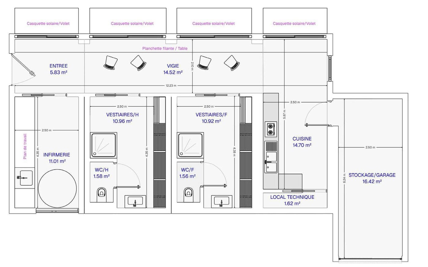Exemple de plan au sol d'un poste de secours Hoummi, avec vigie, infirmerie et vestiaires