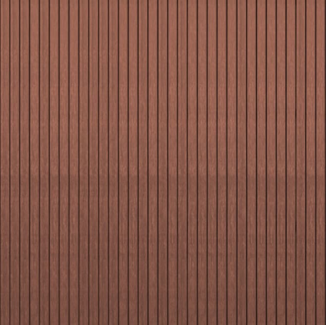 Bardage bois teinté brun-rouge, pose verticale à claire-voie